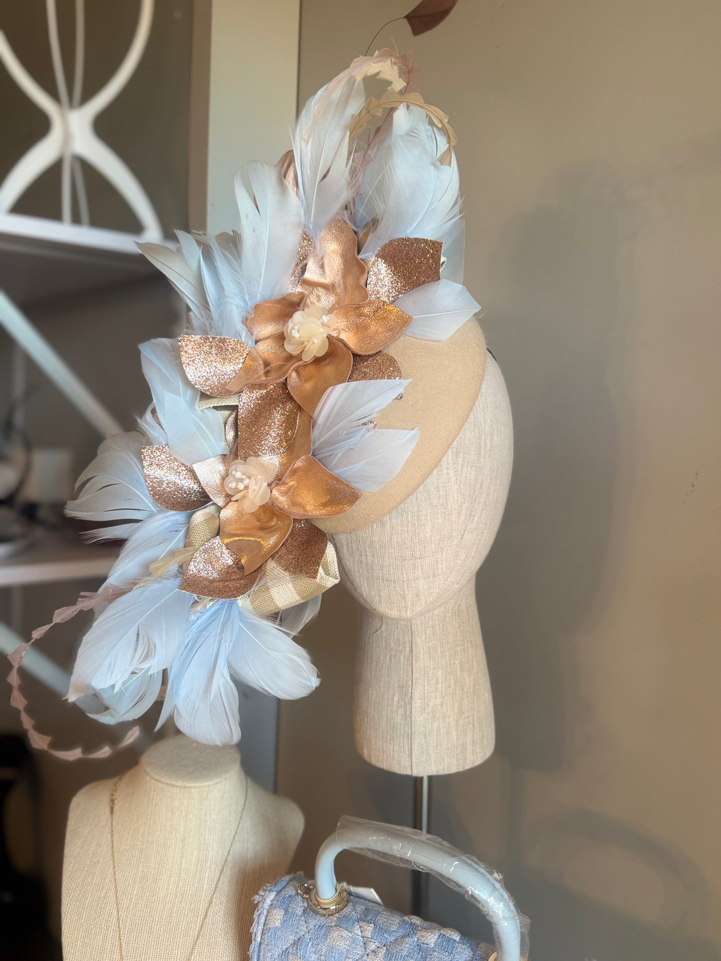 “Ally” beige,rose gold & soft blue pillbox