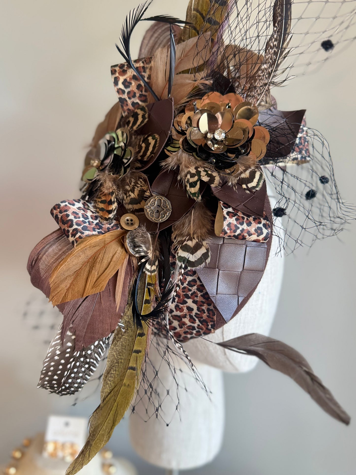 “Clemintine” chocolate leopard statement felt/wool pillbox