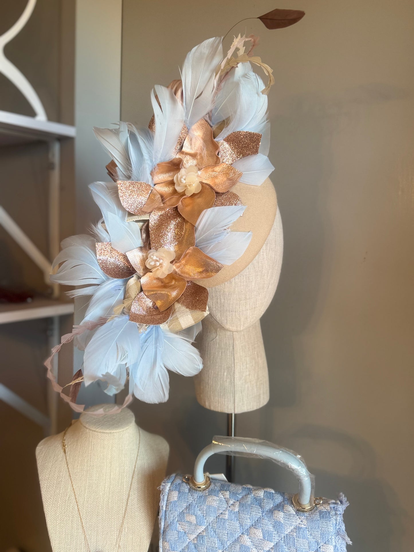 “Ally” beige,rose gold & soft blue pillbox