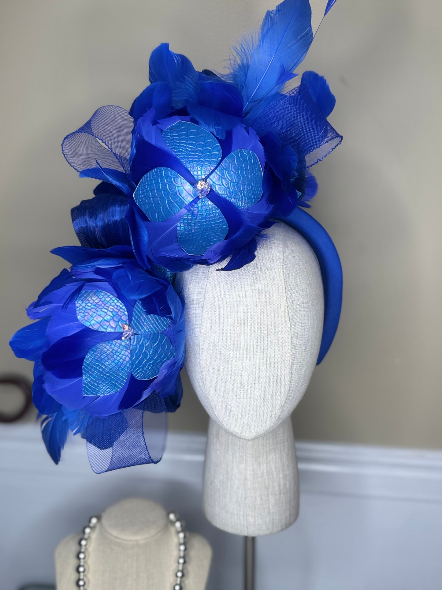 “Farrah” blue feather statement fascinator