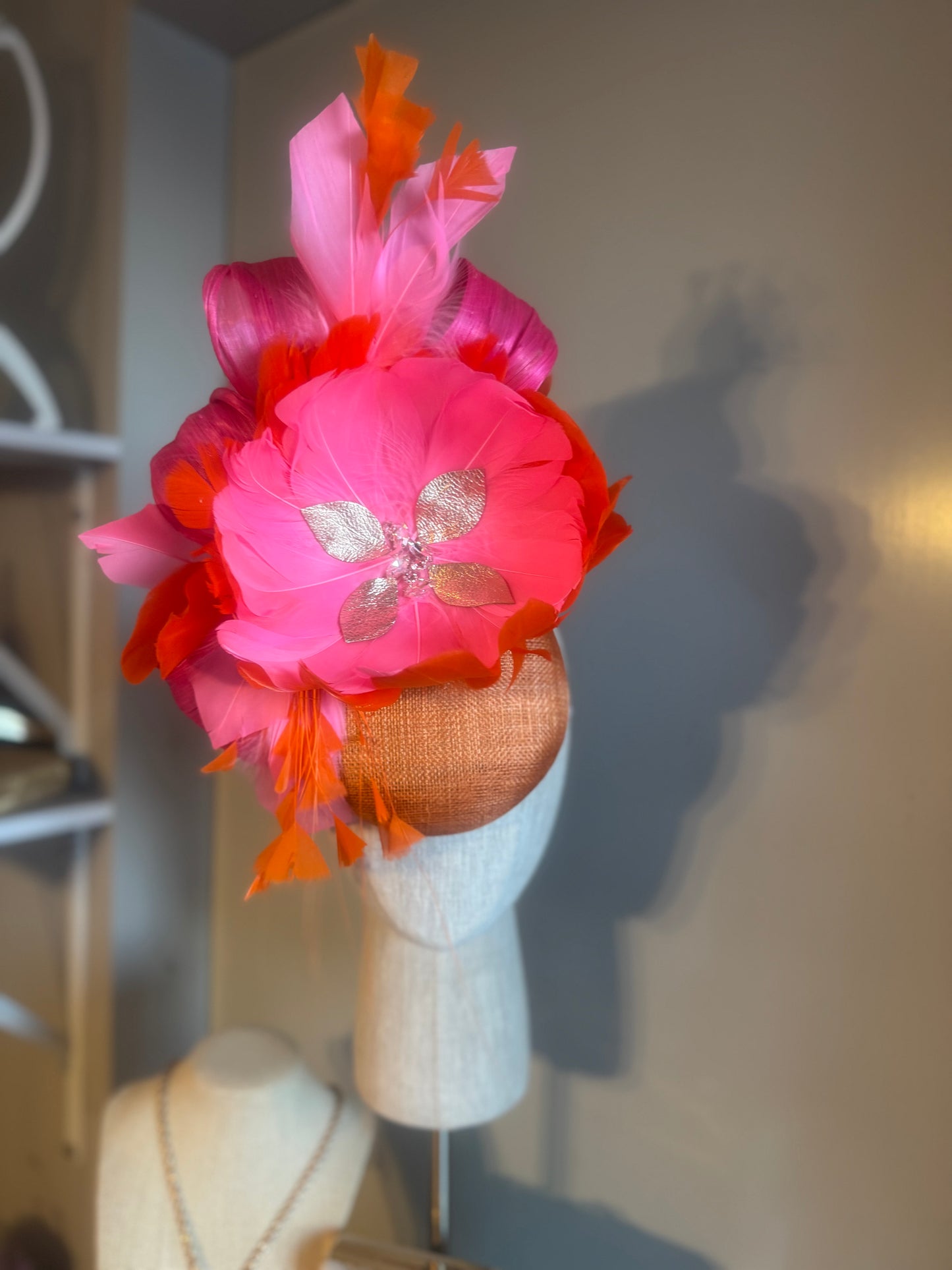 “Eleni” orange, pink & rose gold feather statement