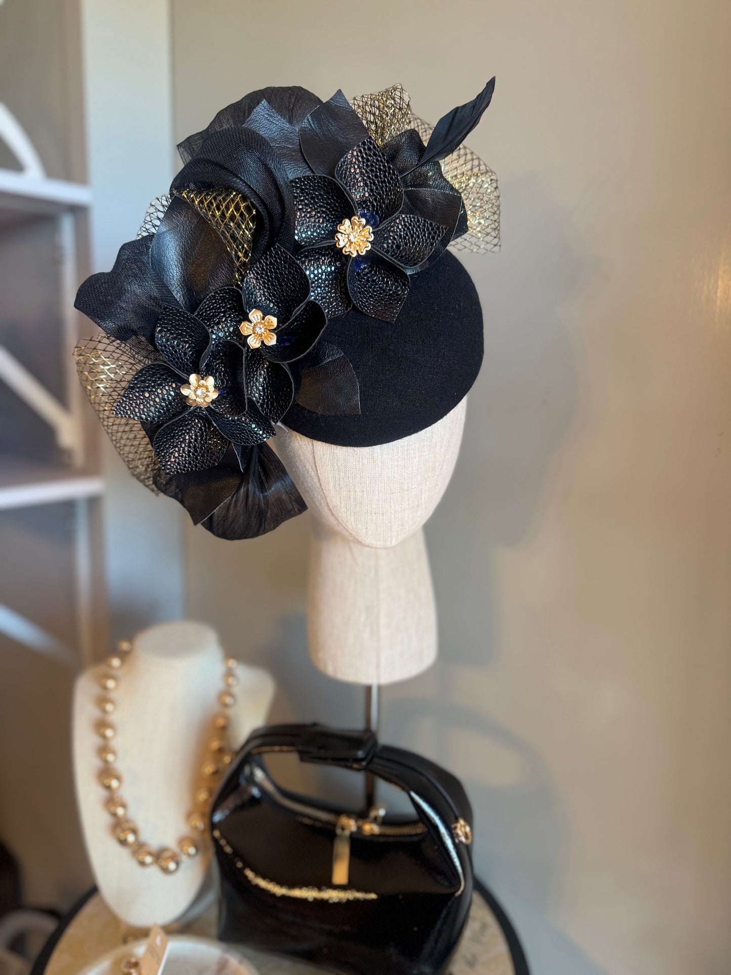 “Xanthe” black & gold pillbox