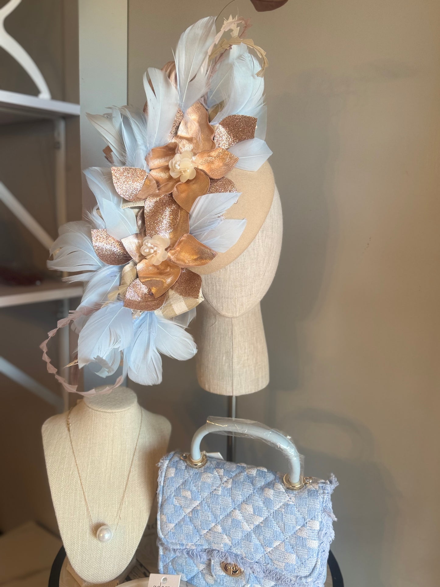 “Ally” beige,rose gold & soft blue pillbox