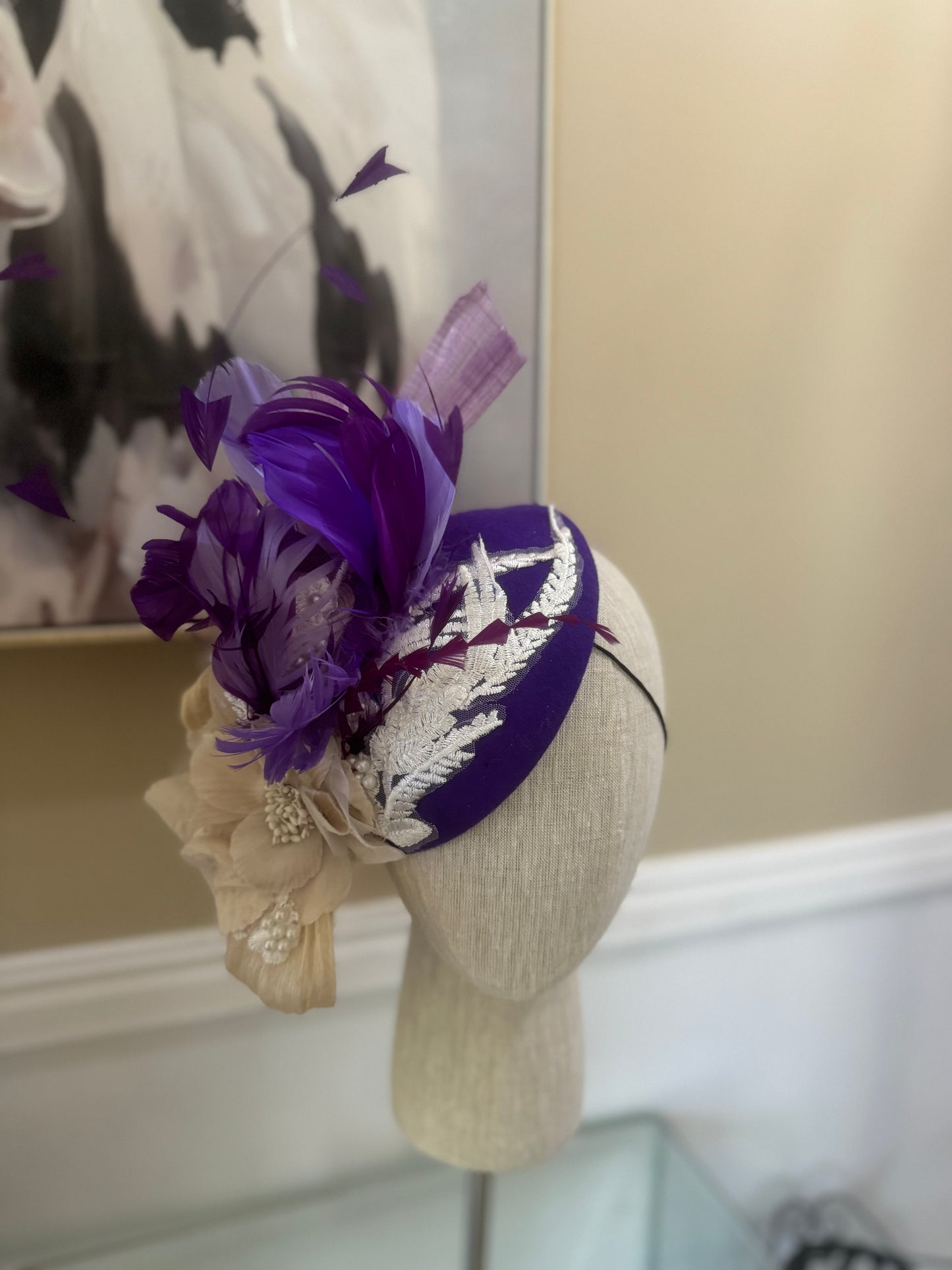 “Isla” purple, beige and white lace felt/wool pillbox