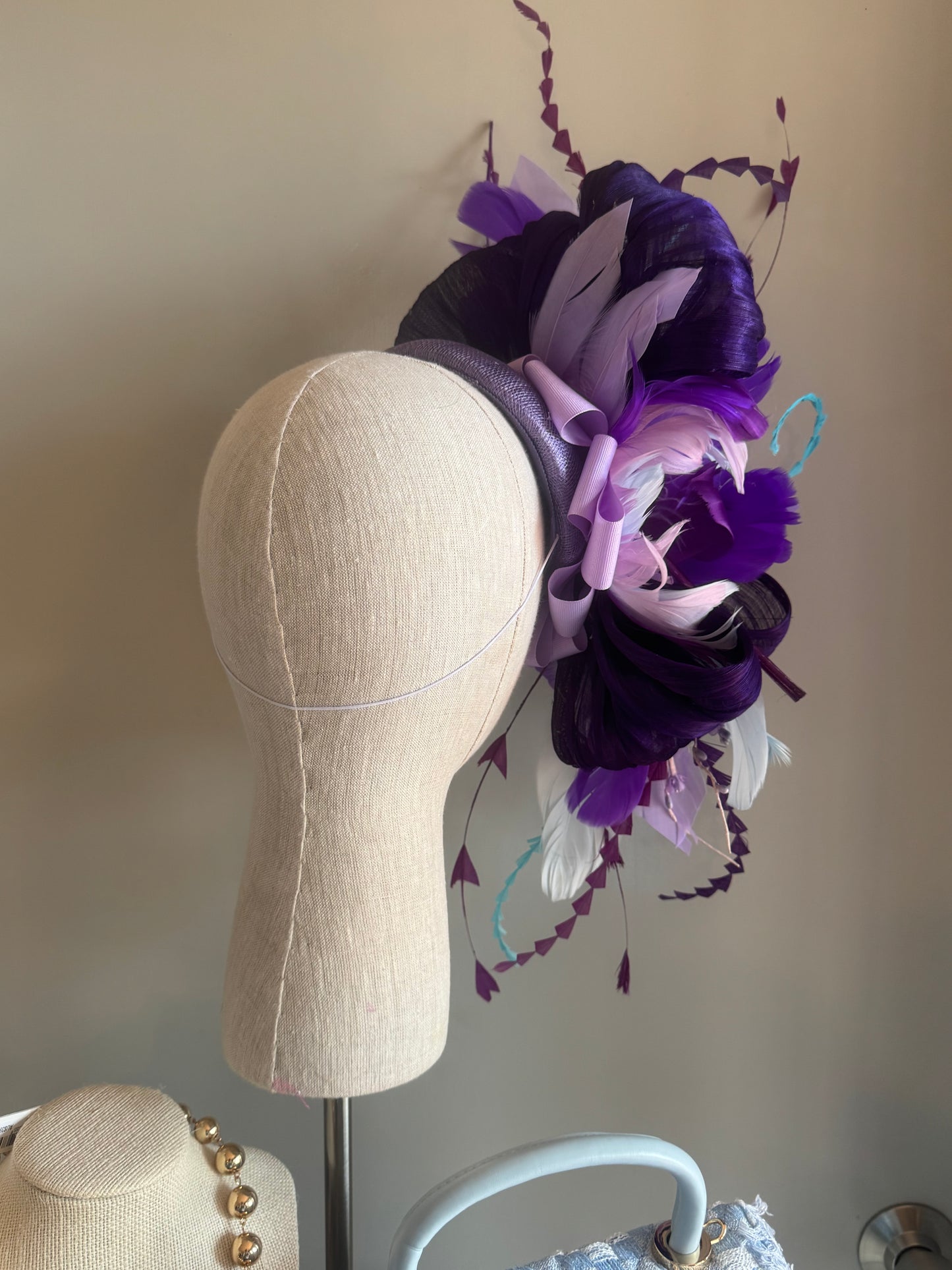 “Megan” purple,blue & turquoise feather floral statement