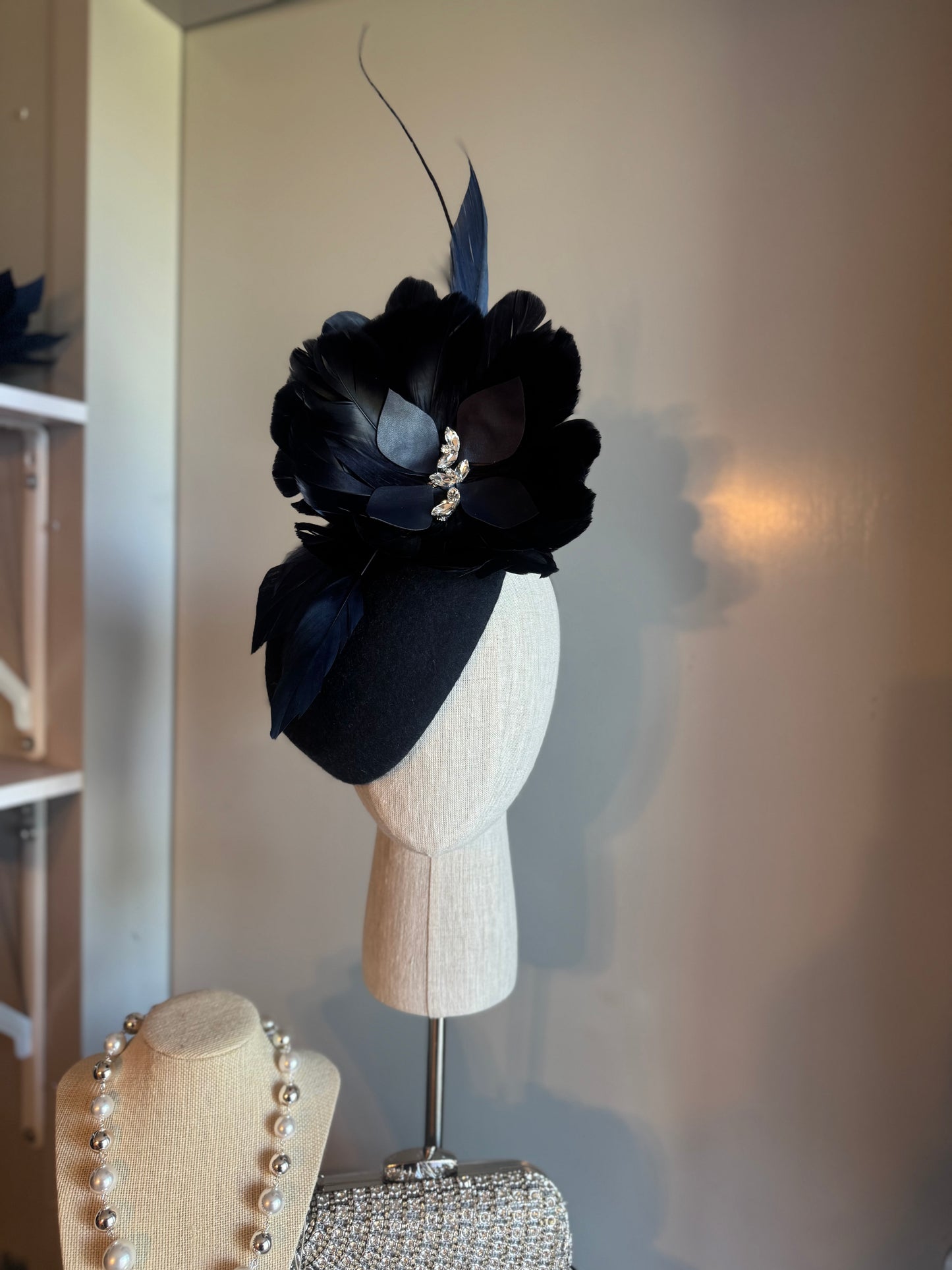 “Ashley” Navy feather statement pillbox