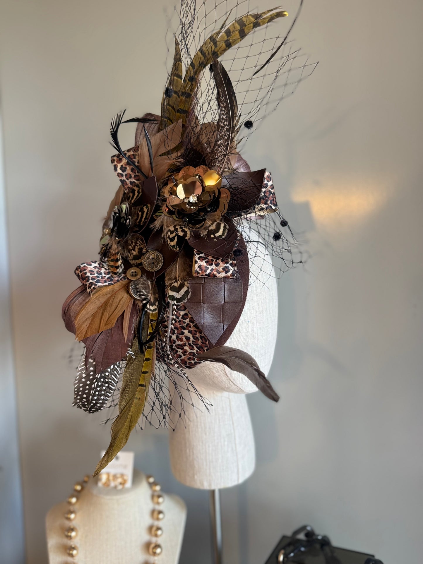 “Clemintine” chocolate leopard statement felt/wool pillbox