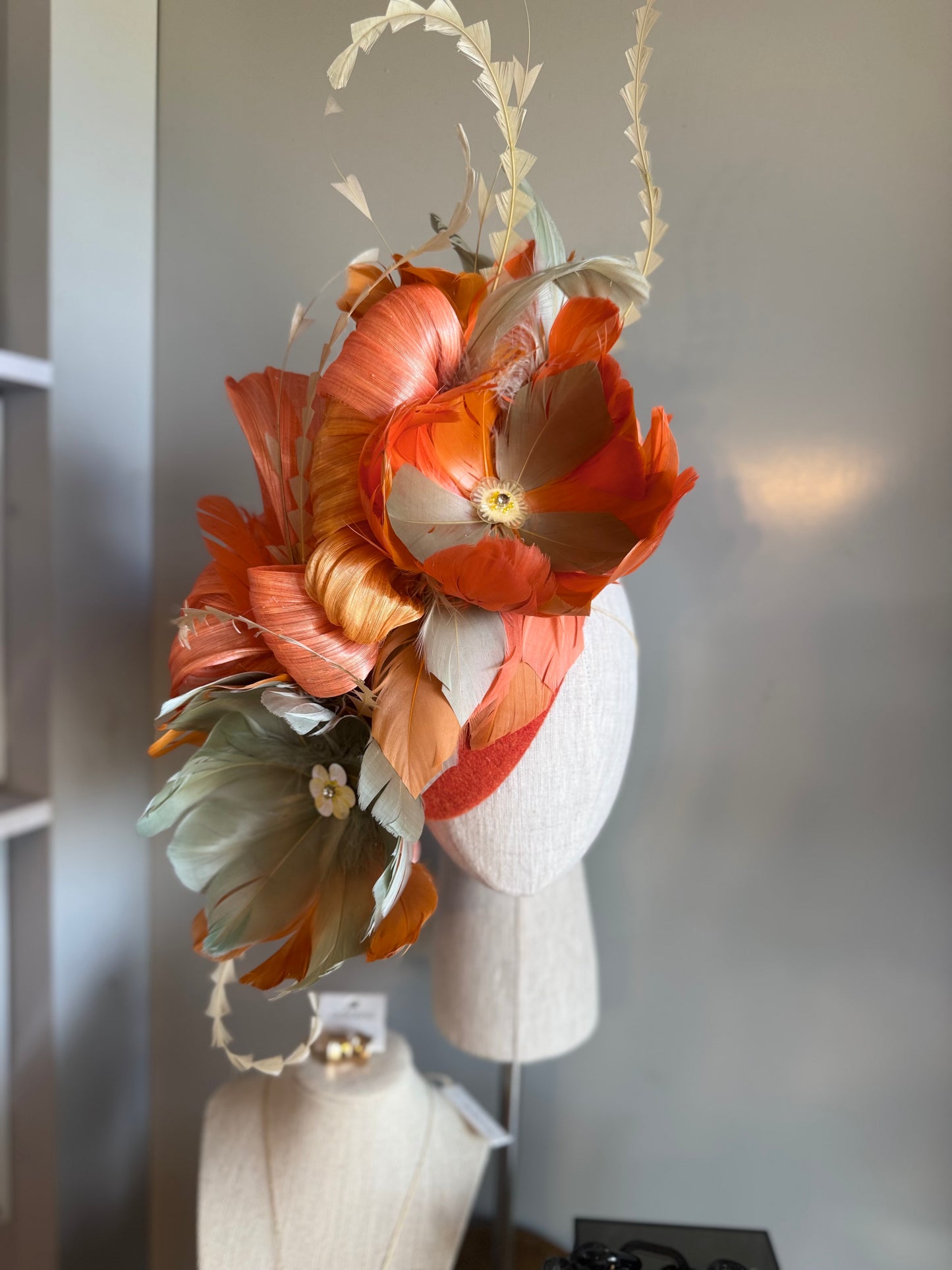 “August” orange,coral and moss feather statement