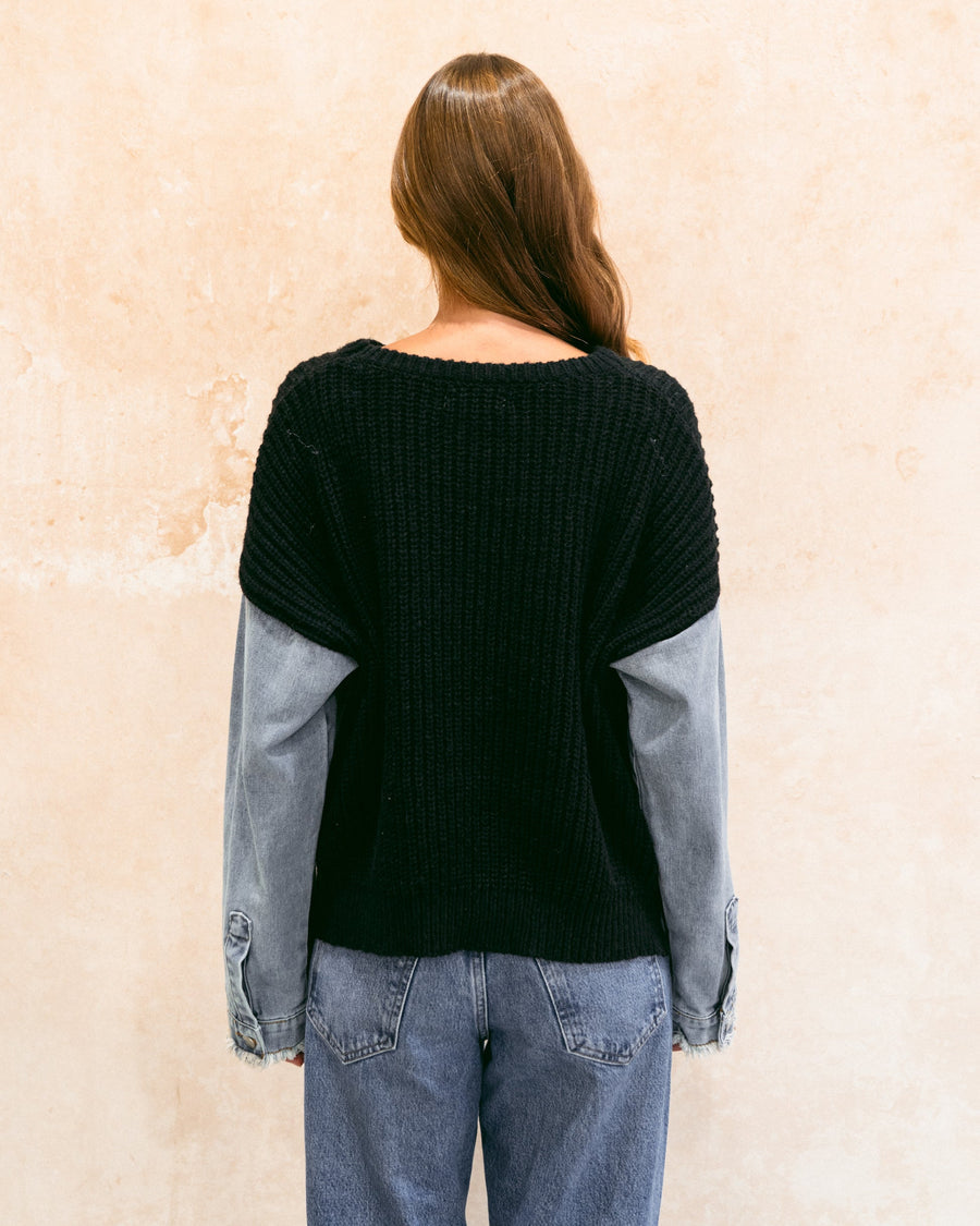 Ebby & I denim sleeve knit jumper black/denim S/M