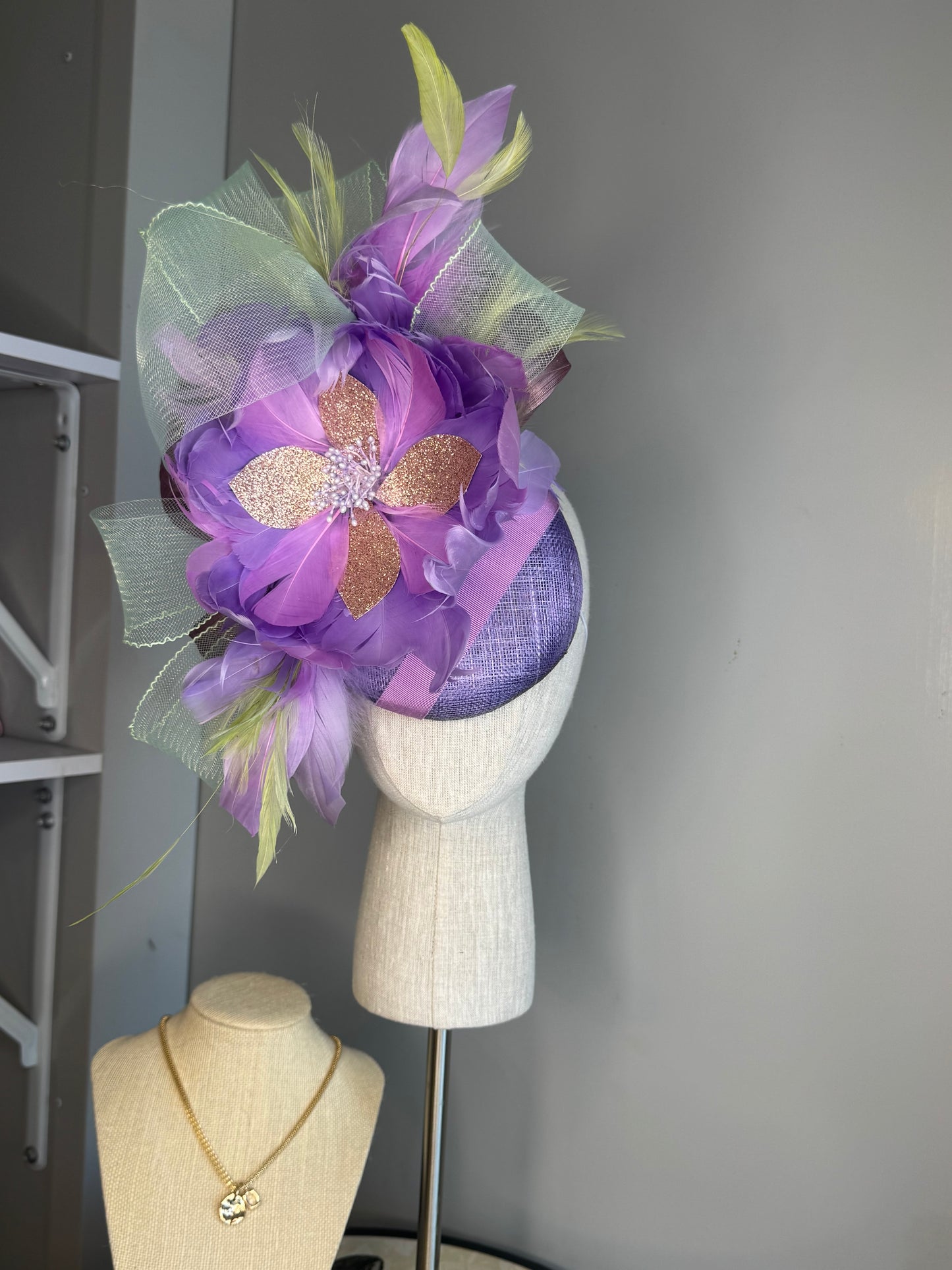 “Gabby” lilac and lime fascinator