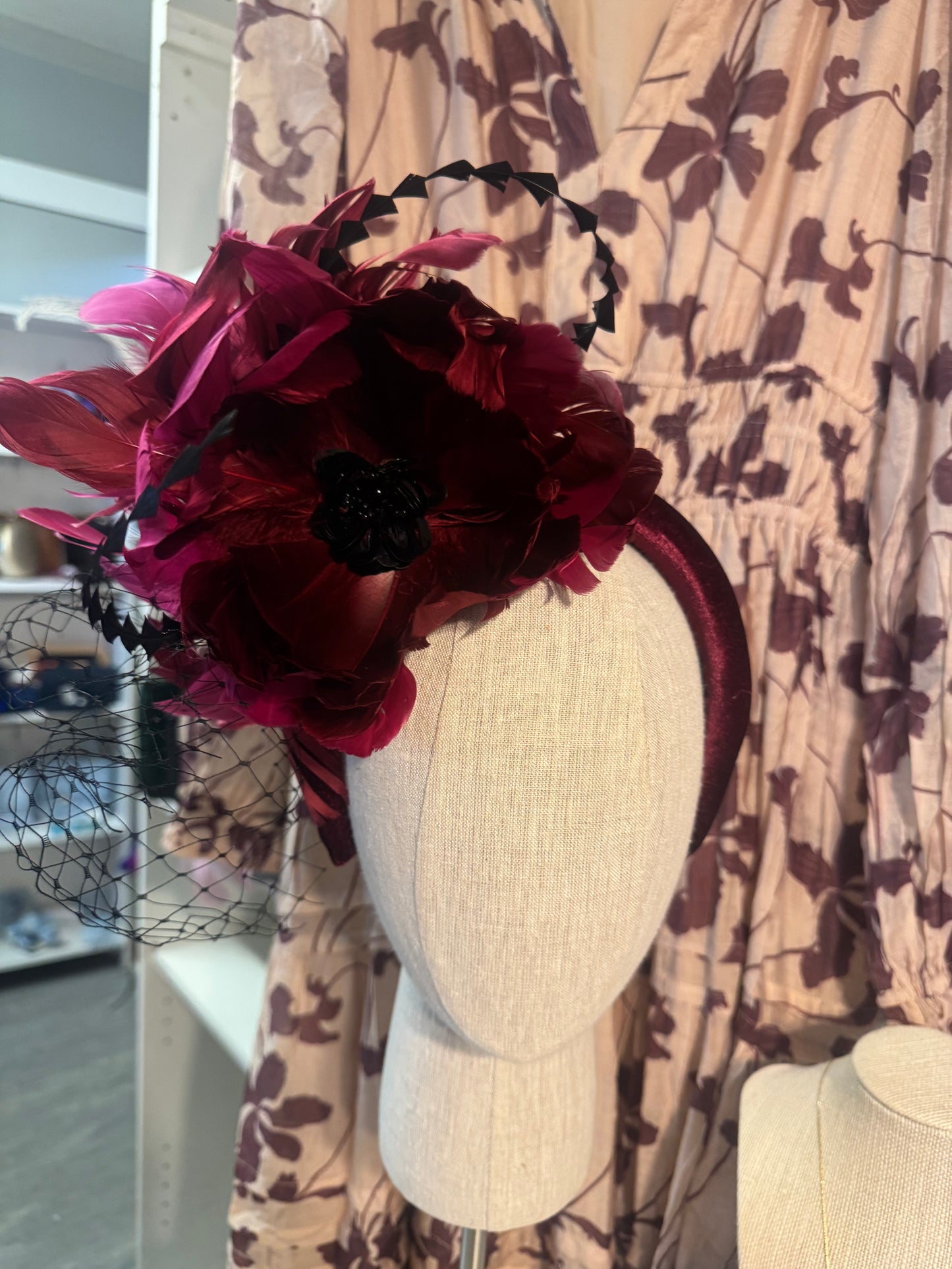 “Morgan” burgundy magenta feather fascinator