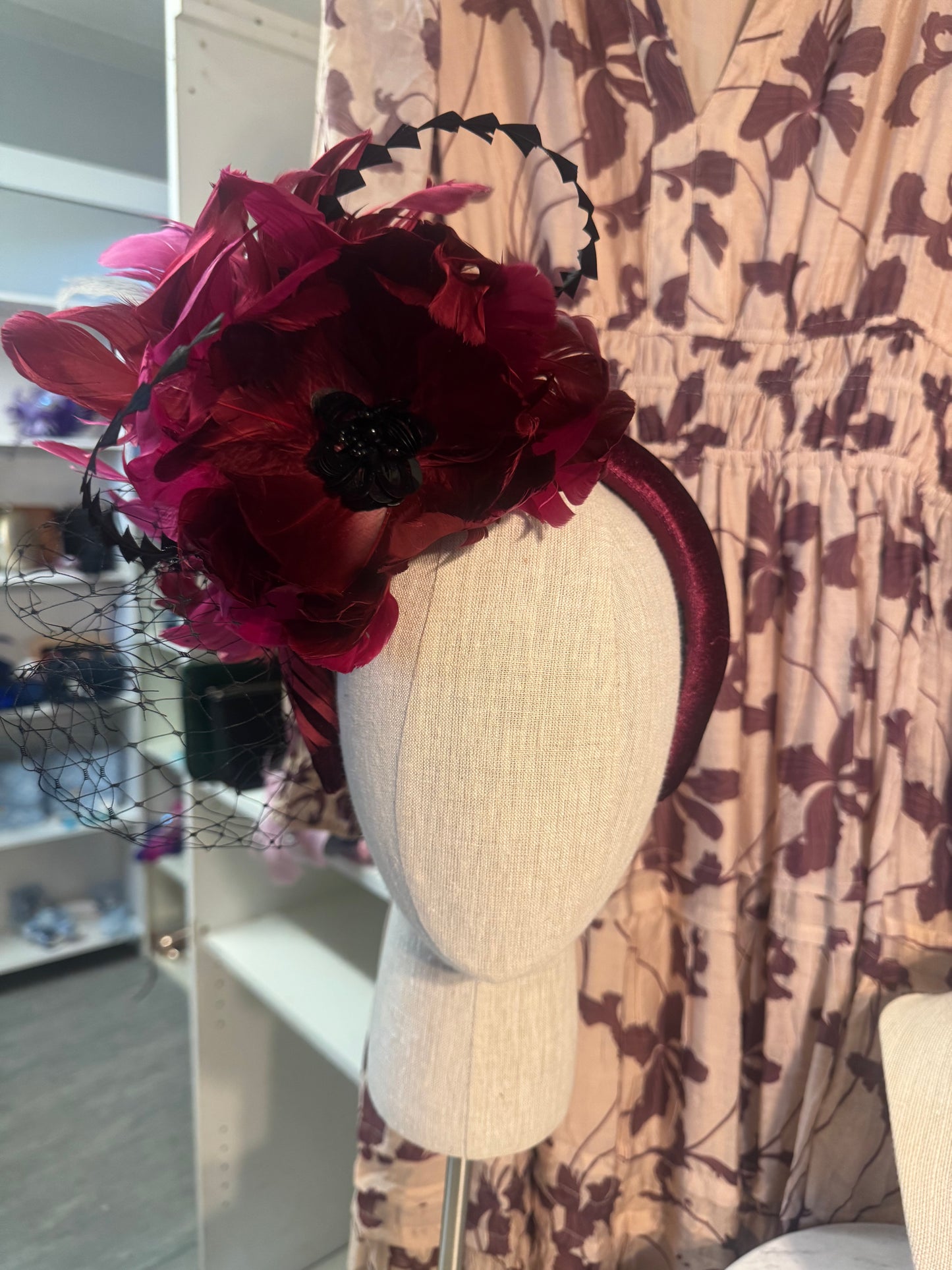 “Morgan” burgundy magenta feather fascinator