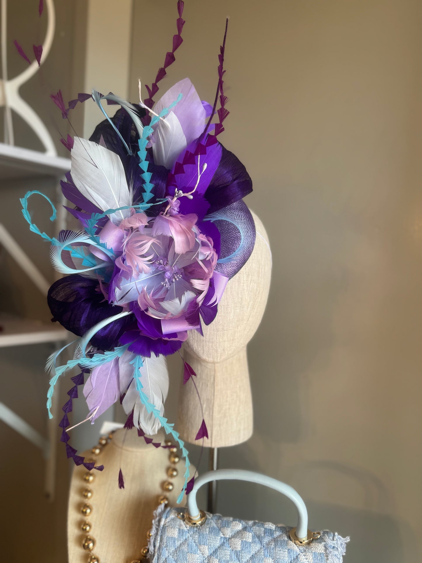 “Megan” purple,blue & turquoise feather floral statement