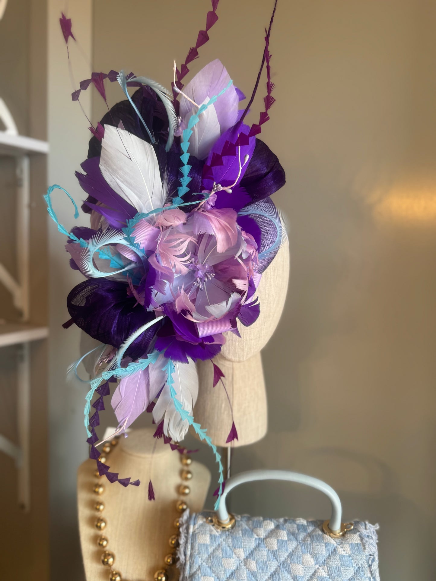 “Megan” purple,blue & turquoise feather floral statement