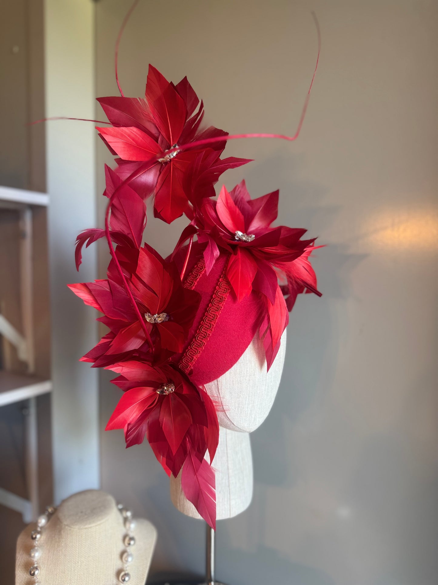 “Odette” Red feather statement felt/wool pillbox