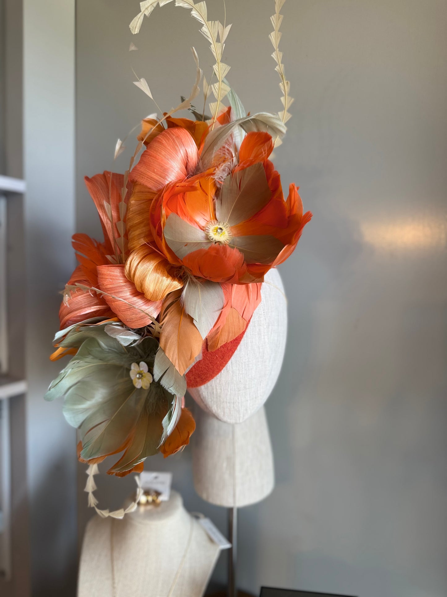 “August” orange,coral and moss feather statement