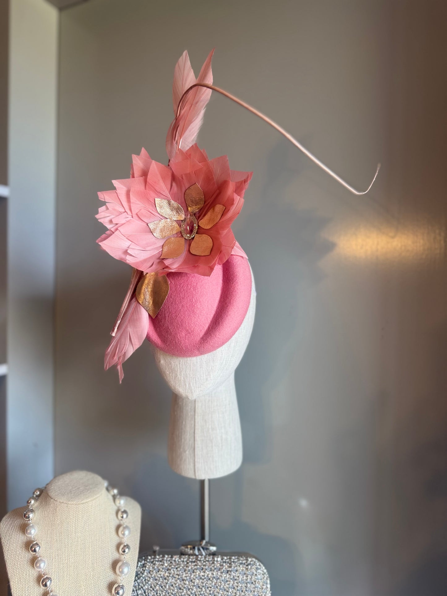 “Trish” pink & Rose gold feather statement