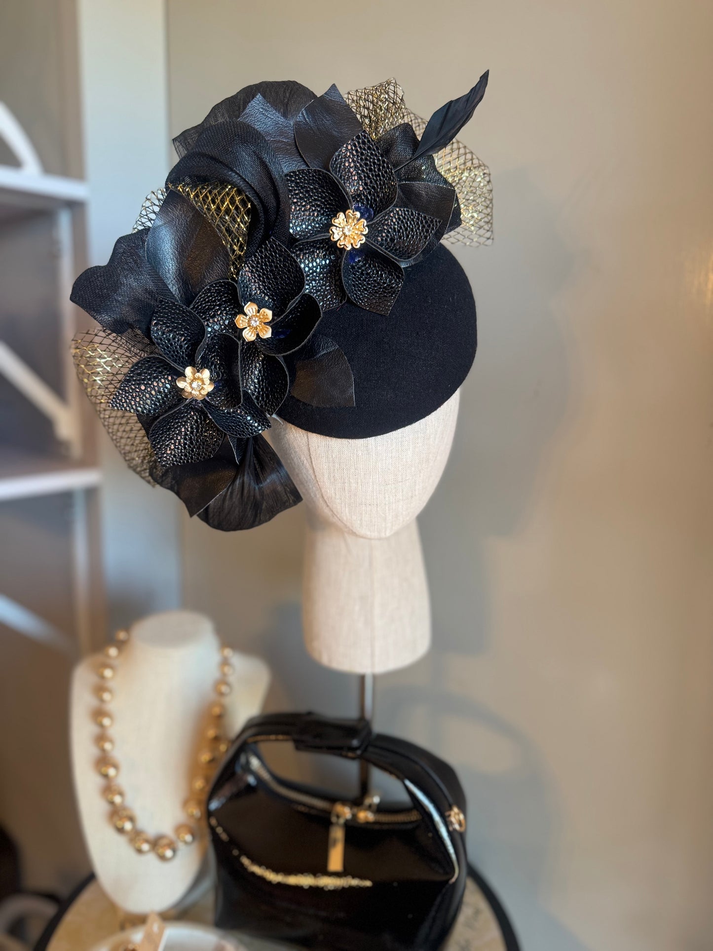 “Xanthe” black & gold pillbox