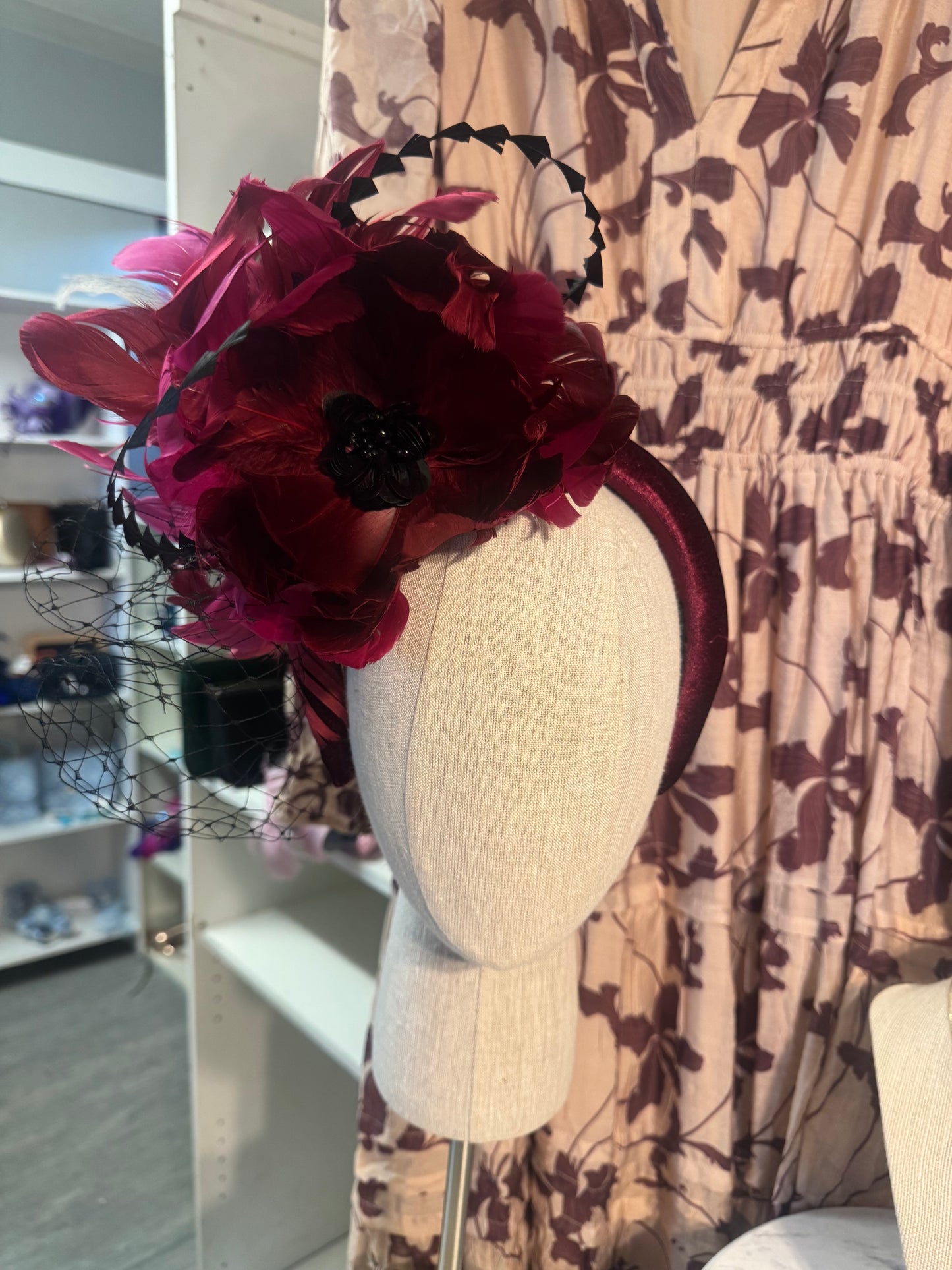 “Morgan” burgundy magenta feather fascinator