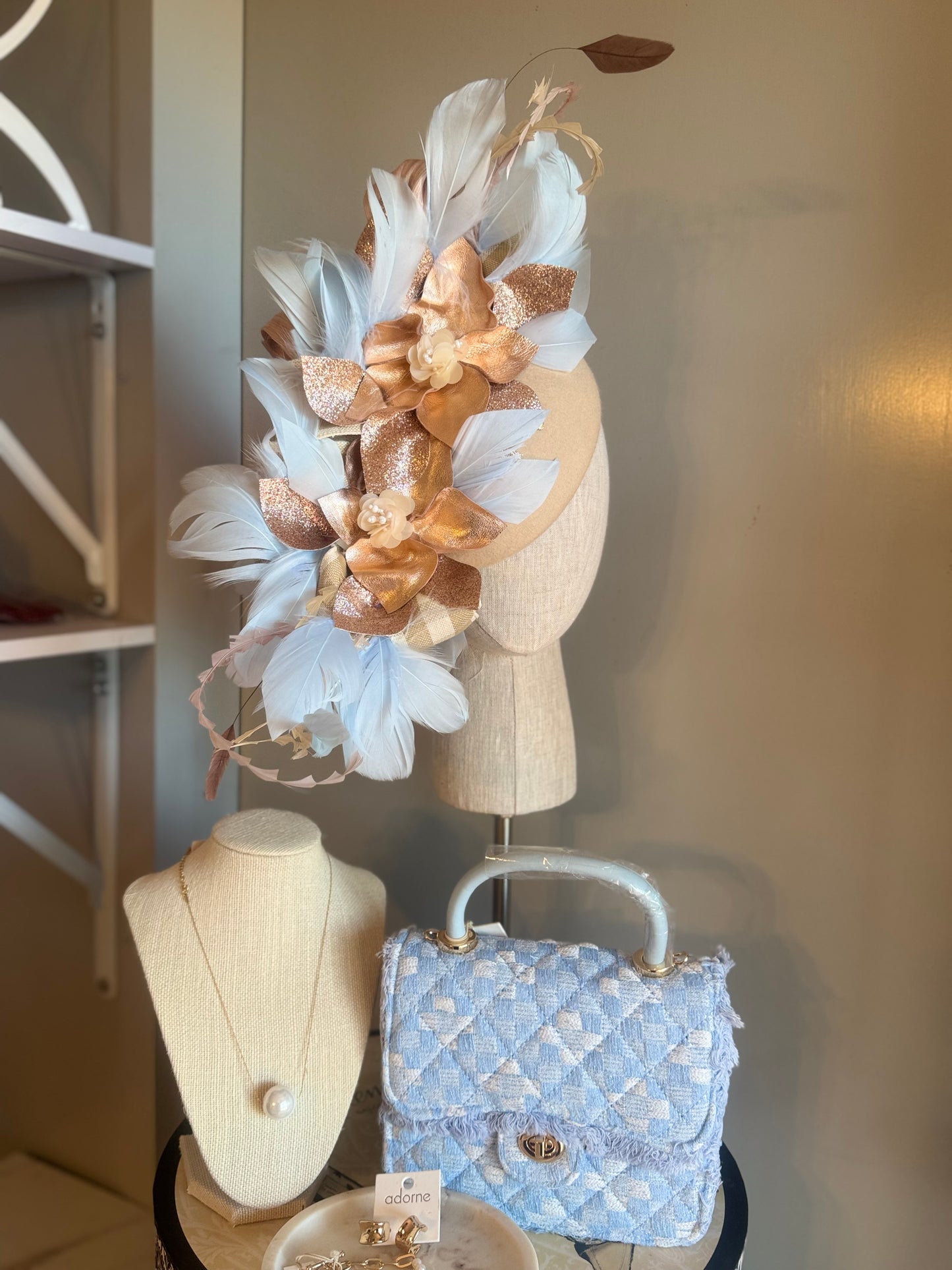 “Ally” beige,rose gold & soft blue pillbox