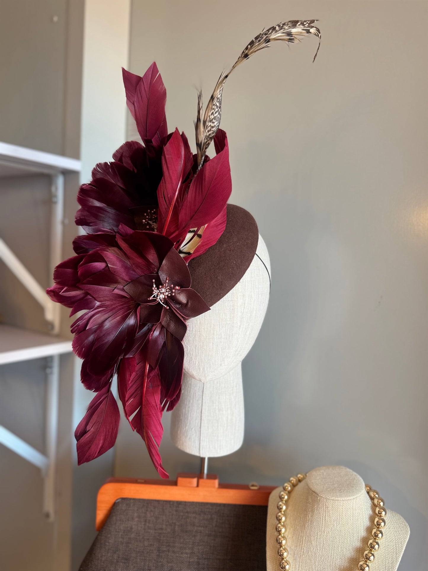 “Ezra” chocolate & Burgundy felt/wool pillbox