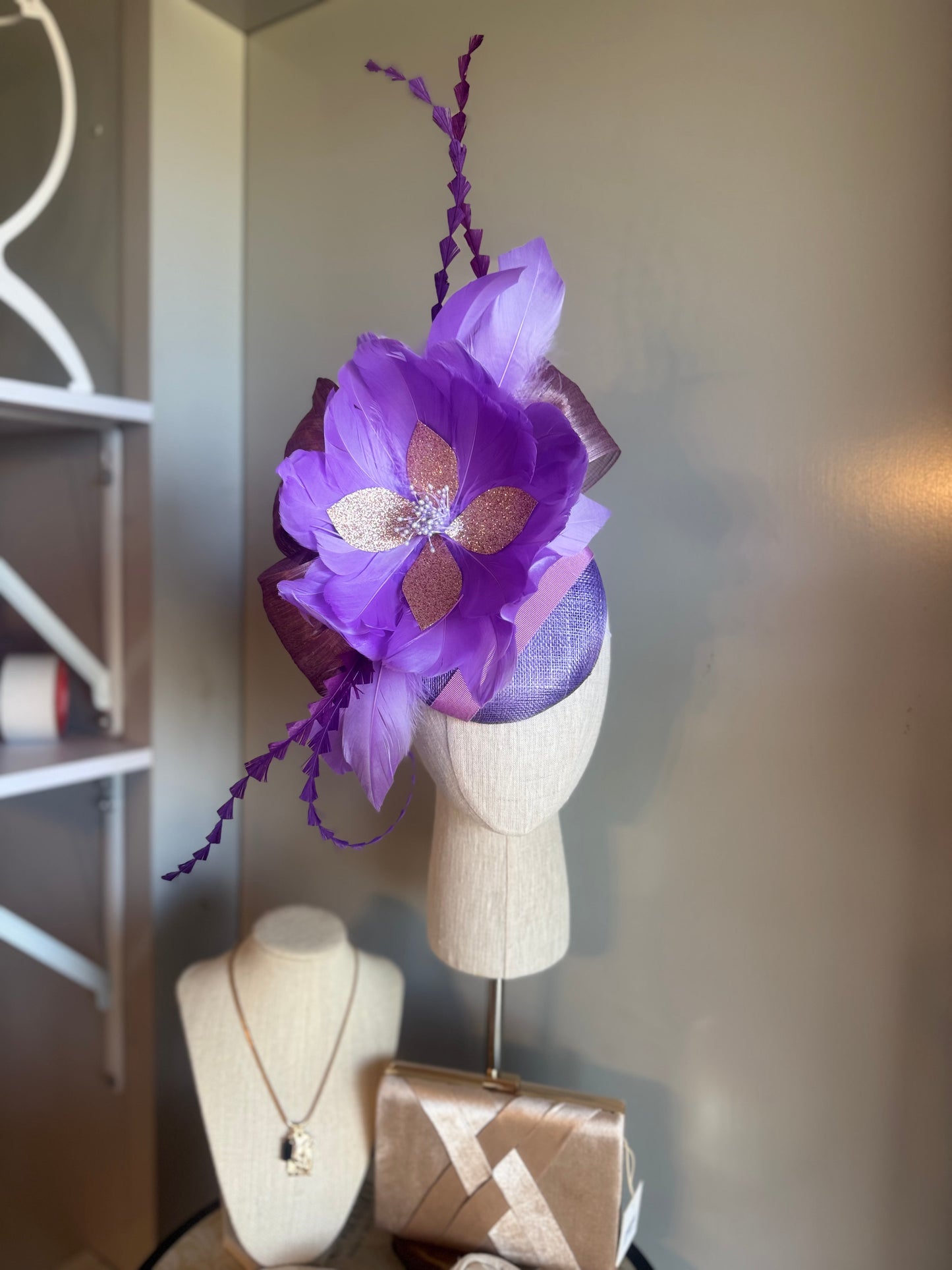 “Audrey” purple lilac rose gold feather floral