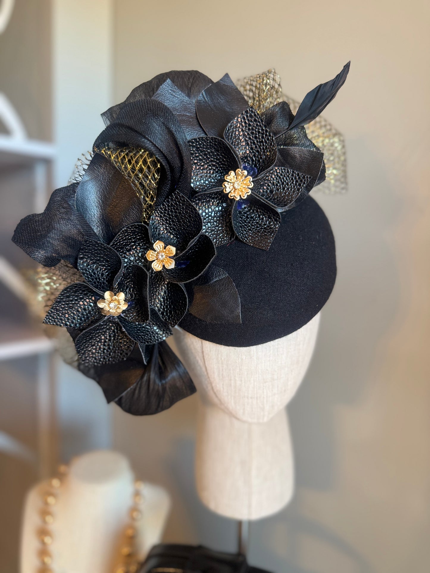 “Xanthe” black & gold pillbox