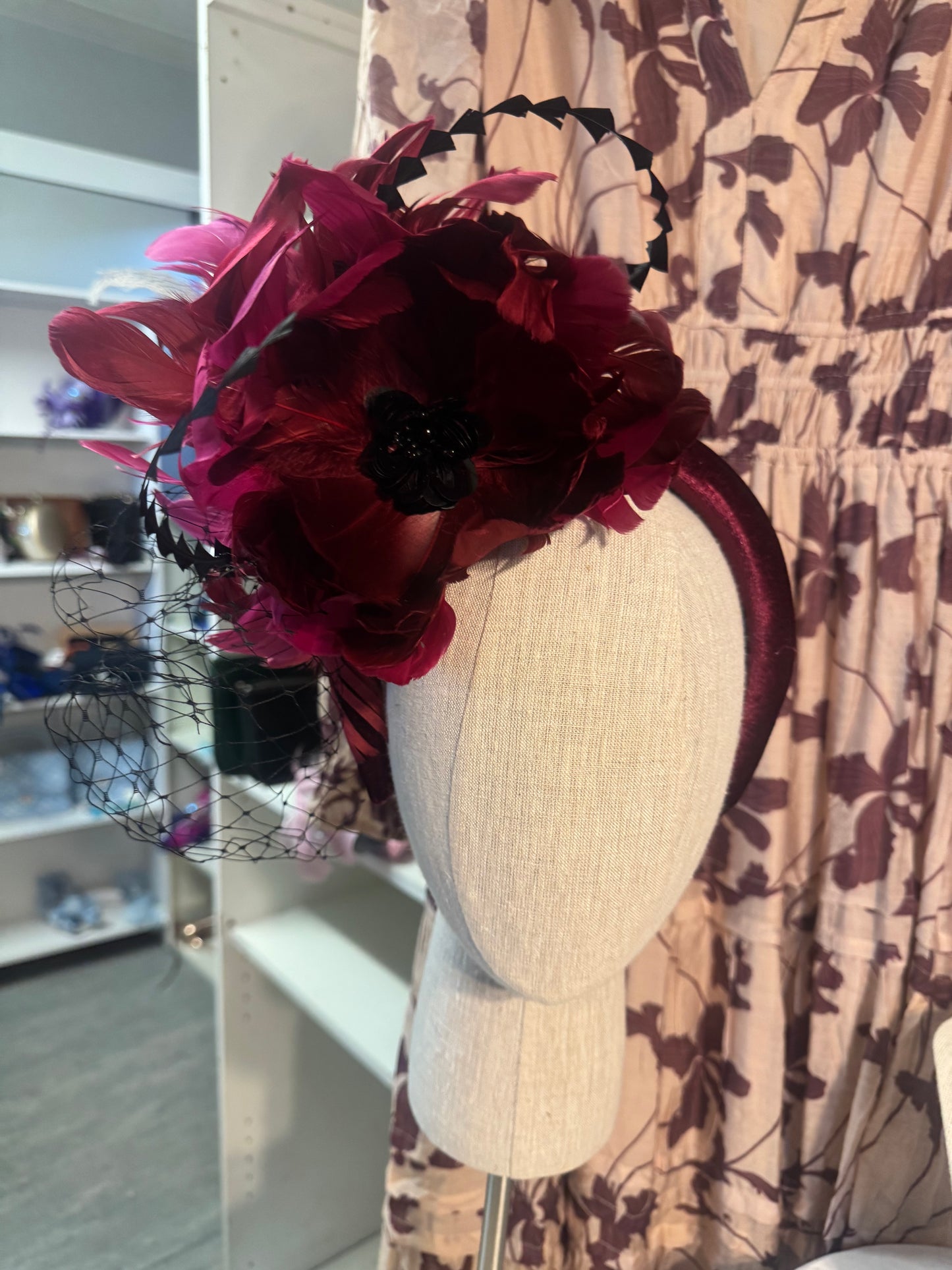 “Morgan” burgundy magenta feather fascinator