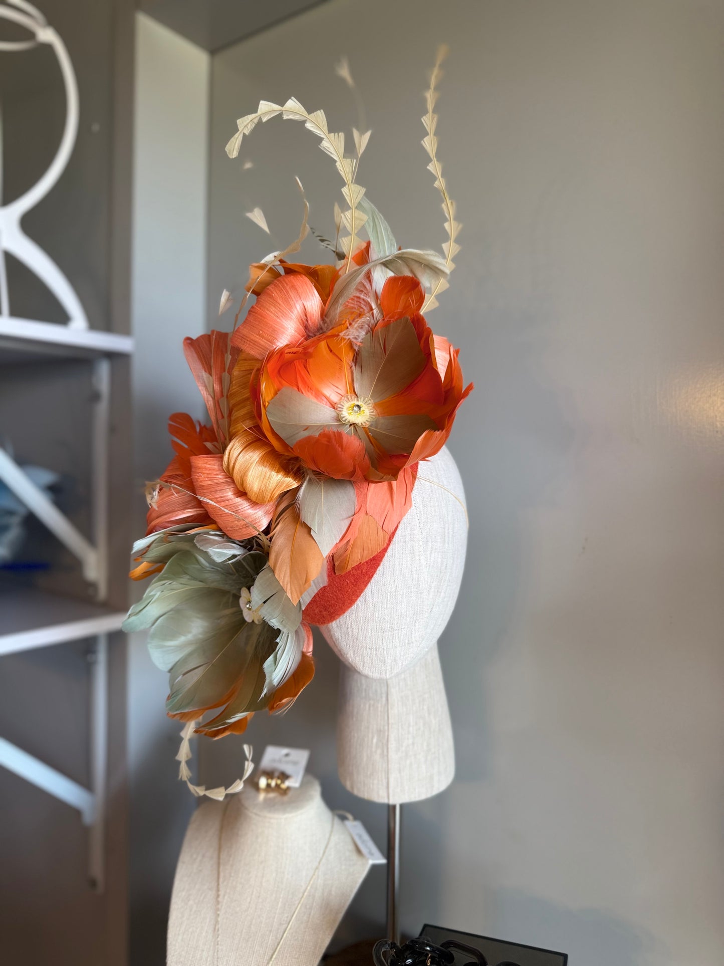 “August” orange,coral and moss feather statement