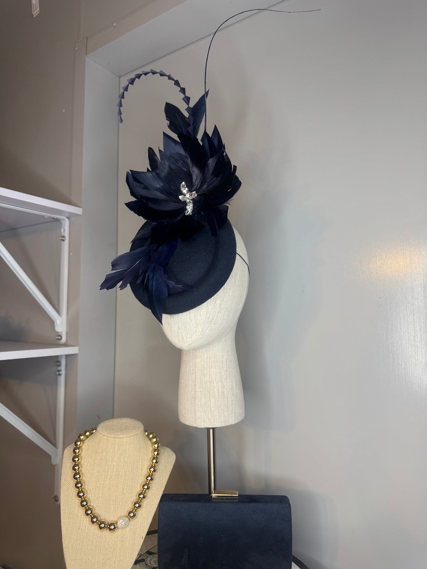 “Sophie”Navy feather felt/ wool plate pillbox