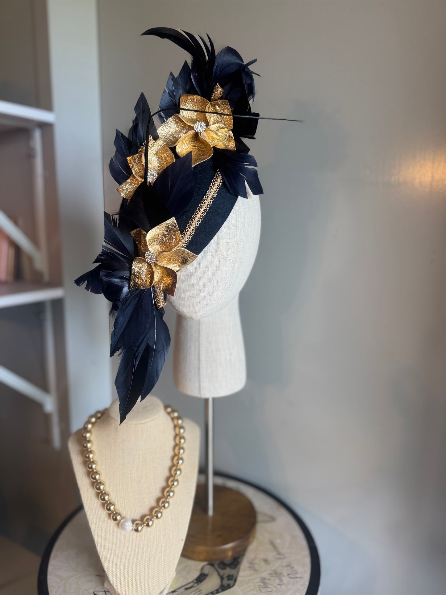 “Rita” Navy and Gold leather felt/wool pillbox