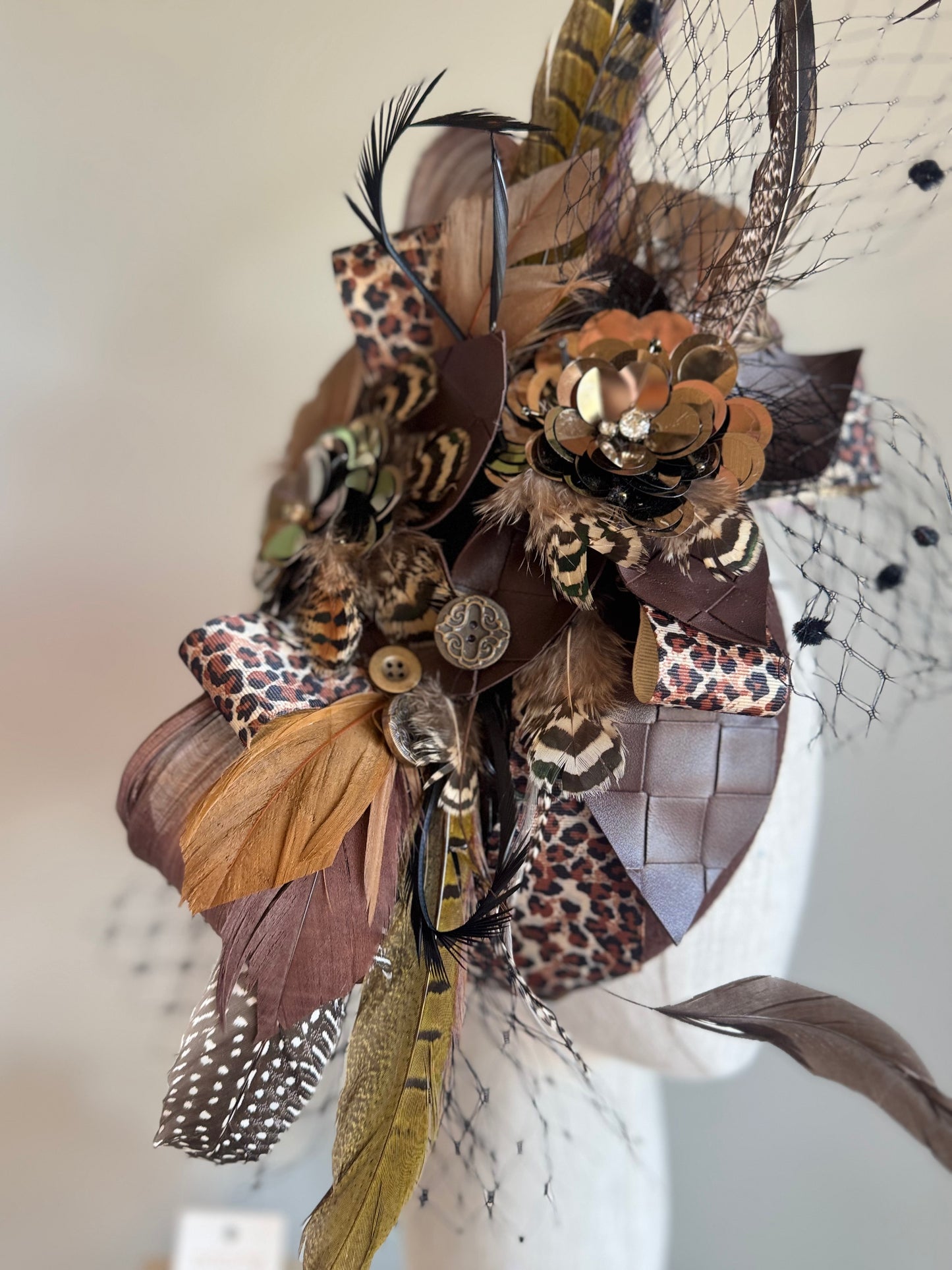 “Clemintine” chocolate leopard statement felt/wool pillbox