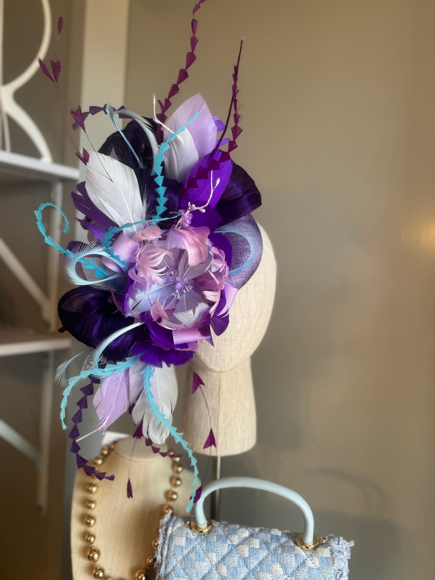“Megan” purple,blue & turquoise feather floral statement