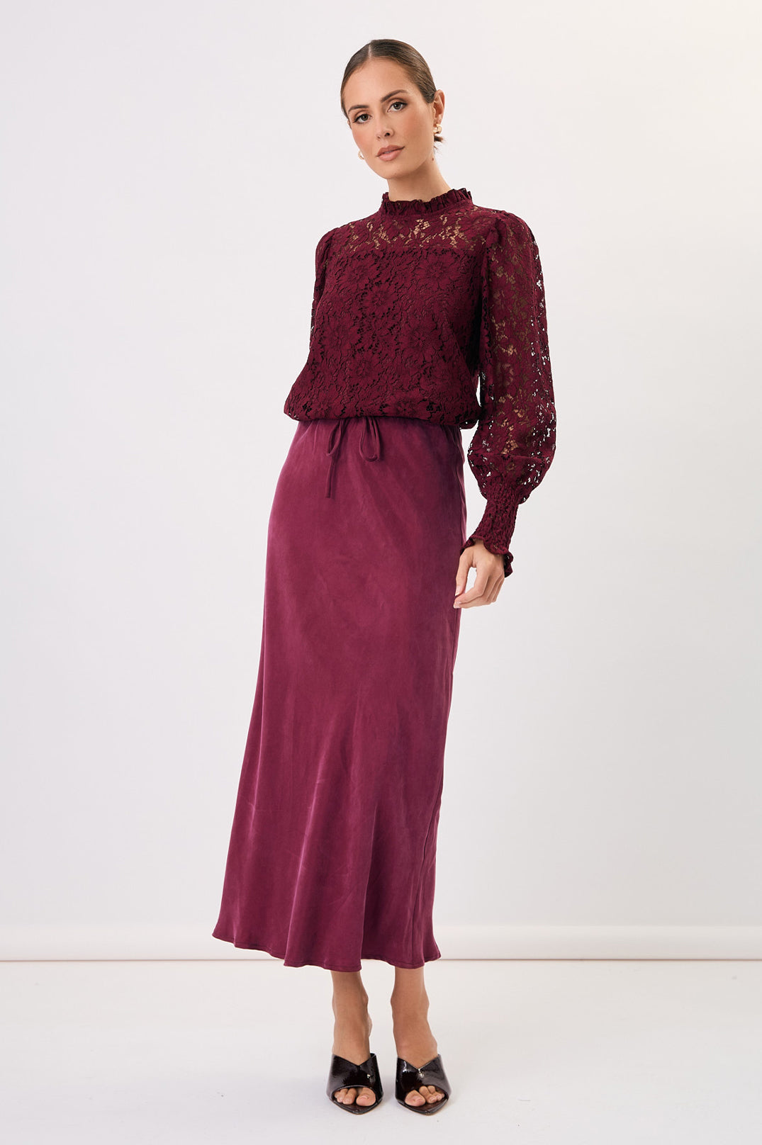 Olivia long sleeve lace top burgundy size 10