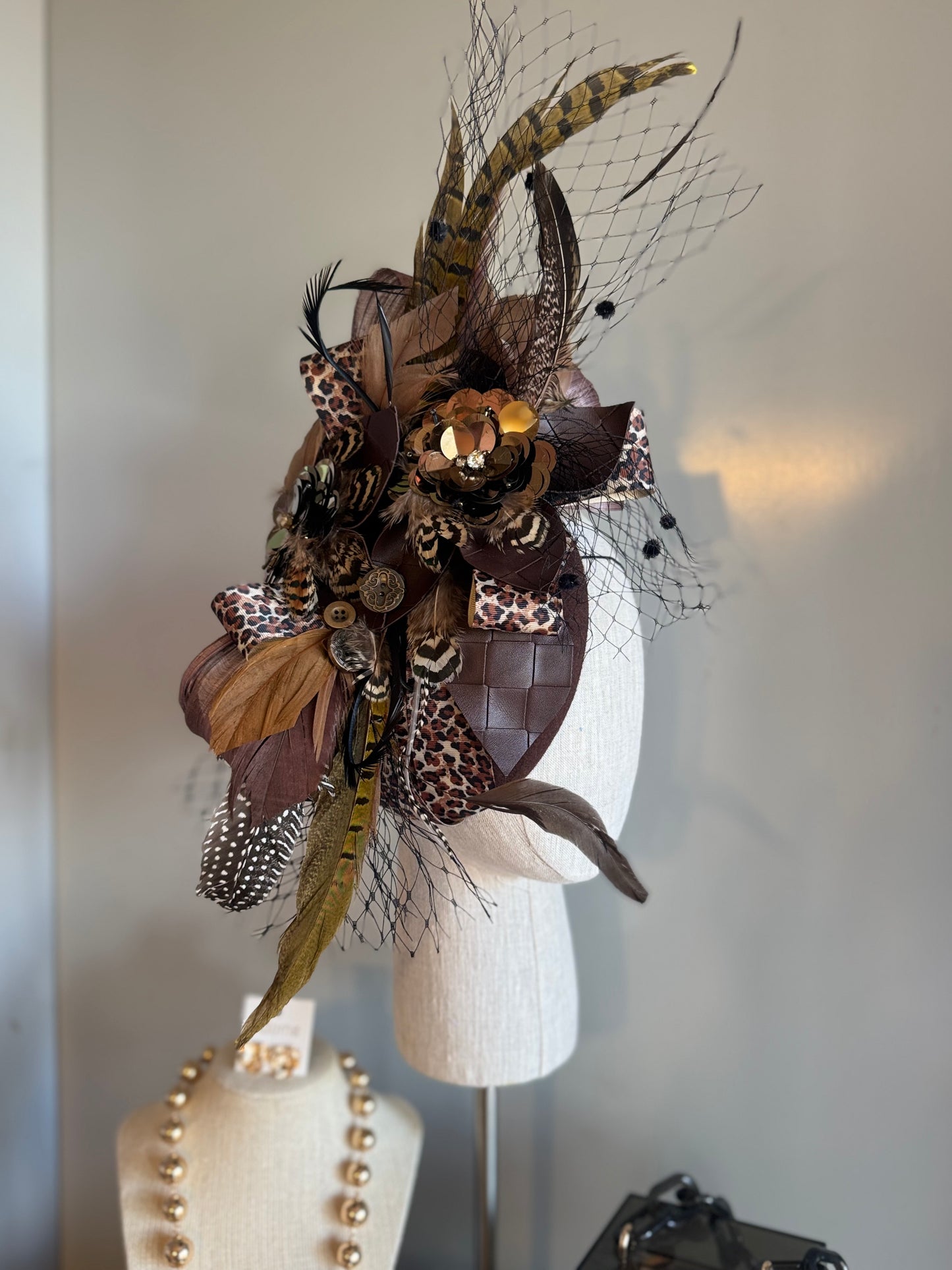 “Clemintine” chocolate leopard statement felt/wool pillbox