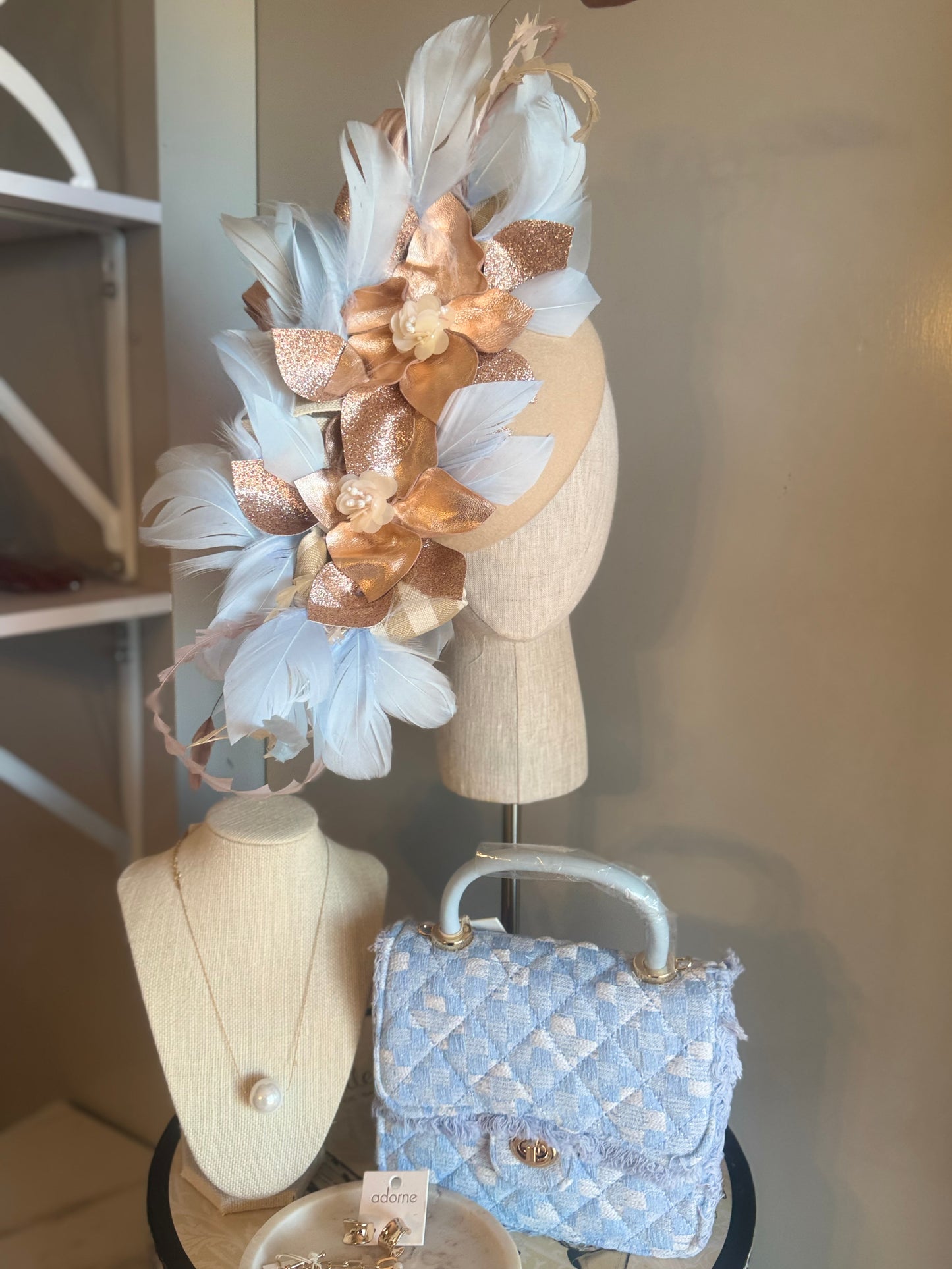 “Ally” beige,rose gold & soft blue pillbox
