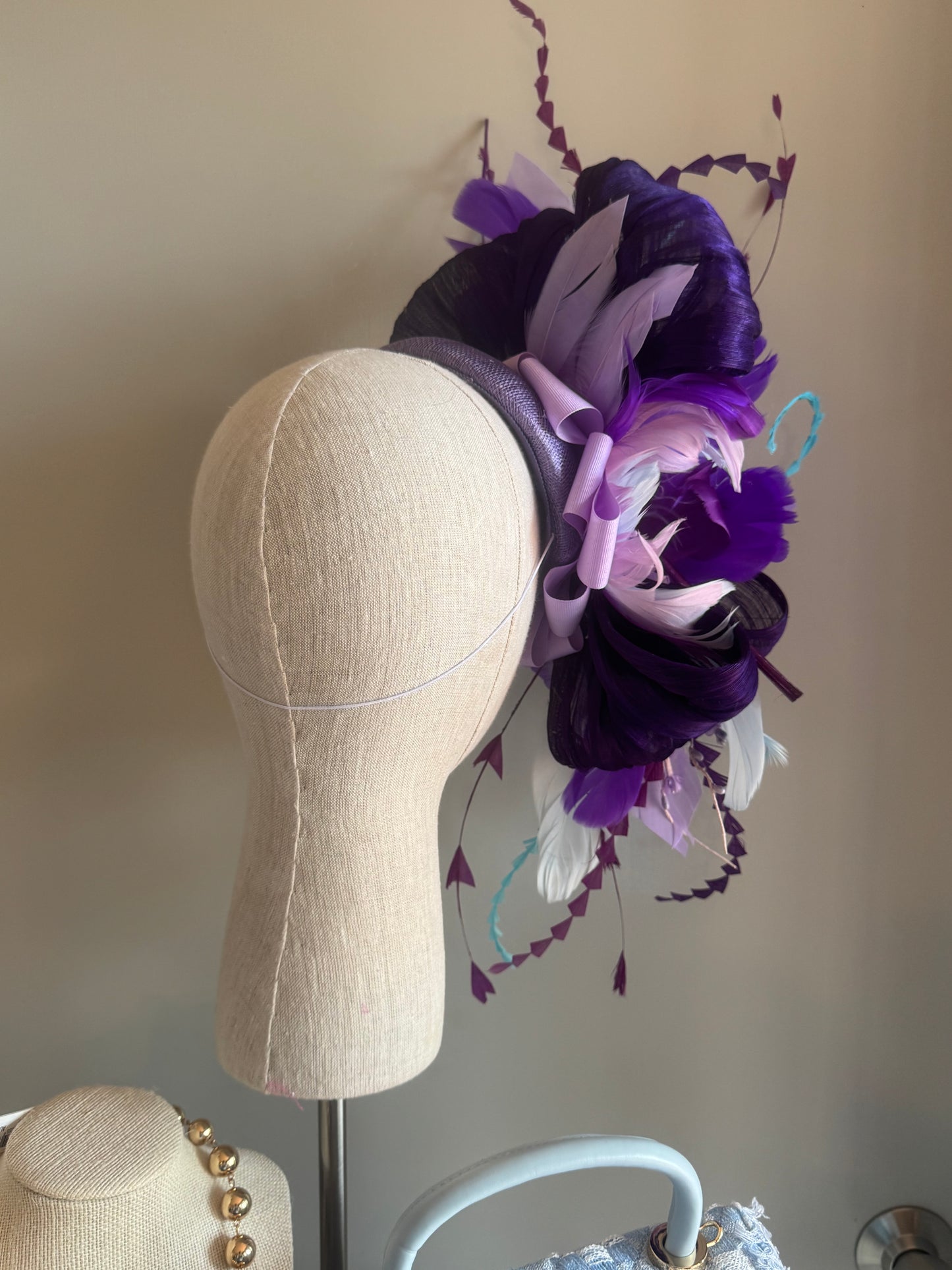 “Megan” purple,blue & turquoise feather floral statement