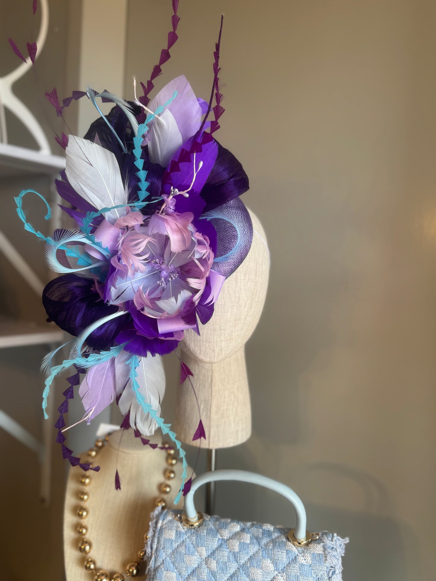 “Megan” purple,blue & turquoise feather floral statement