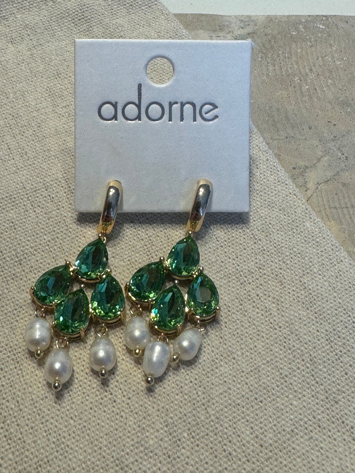Adorne green/cream drop earrings with pearls