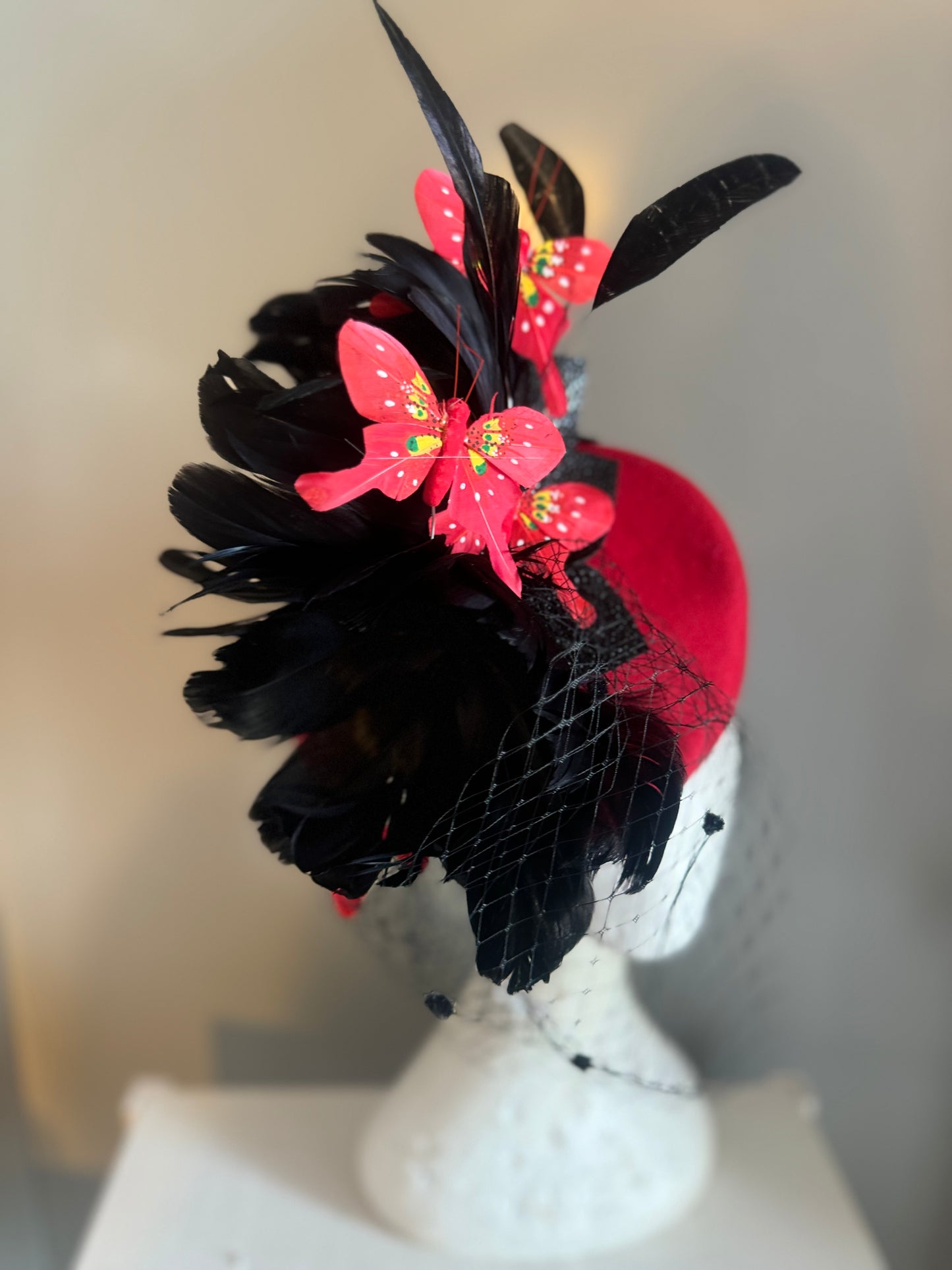 “Mollie” red & black feather felt/wool pillbox with delicate feather butterflies