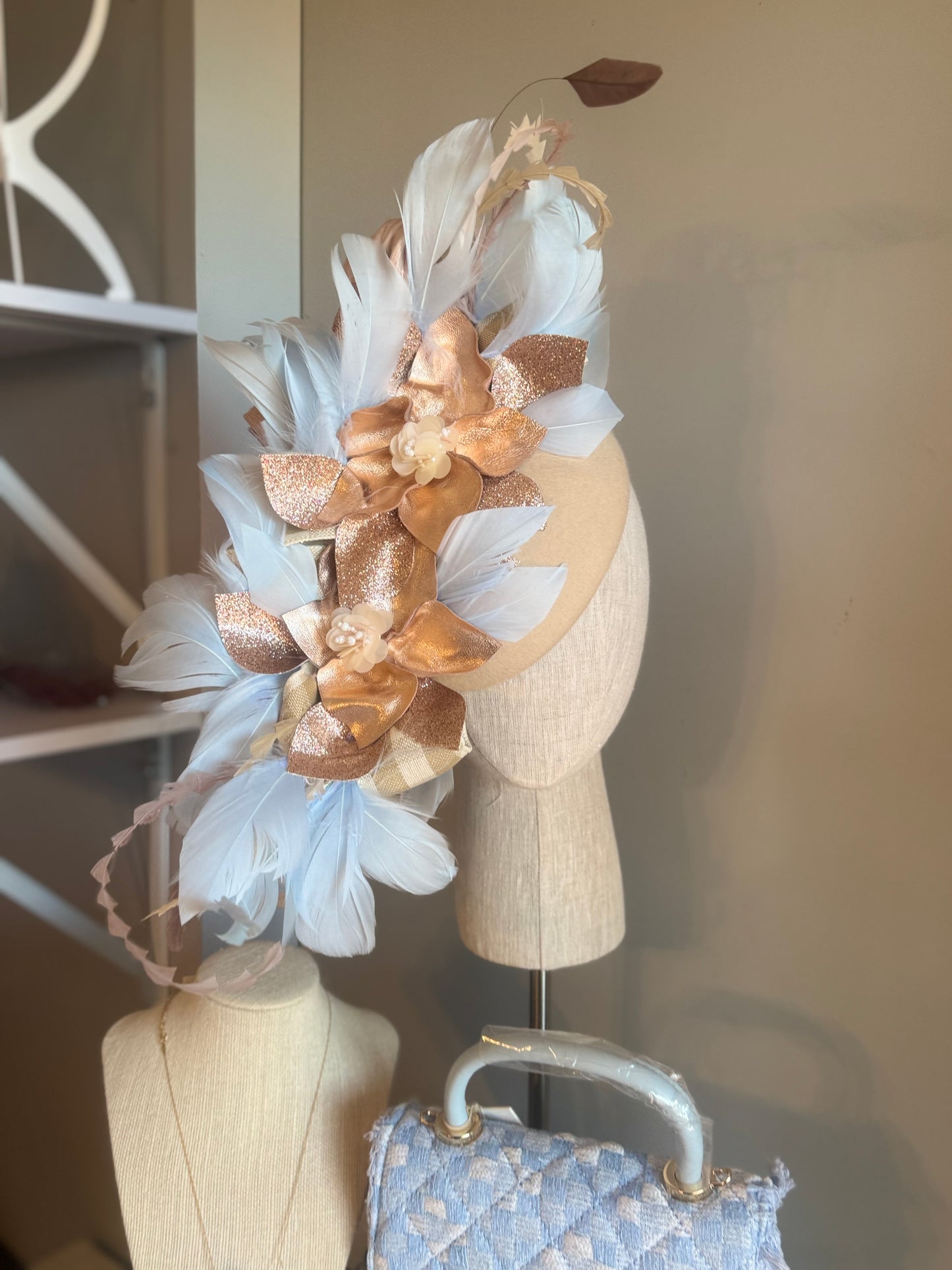 “Ally” beige,rose gold & soft blue pillbox