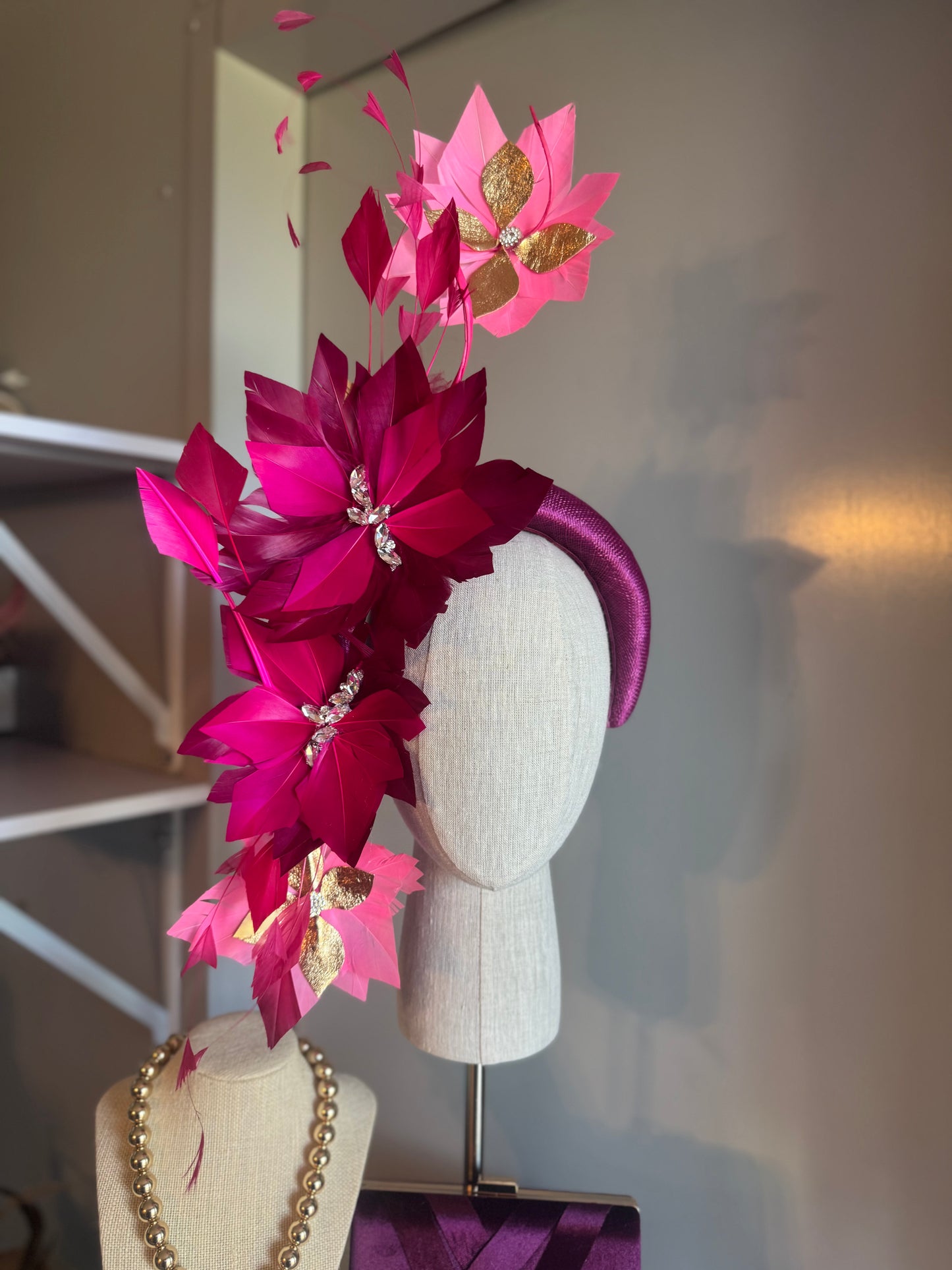 “Bridgette” magenta hot pink & gold feather statement