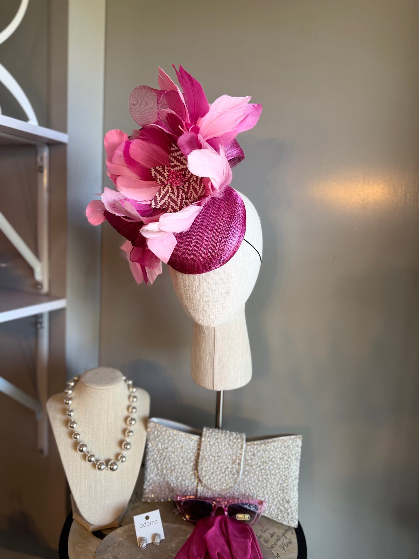 “Dimity” pink feather floral statement fascinator