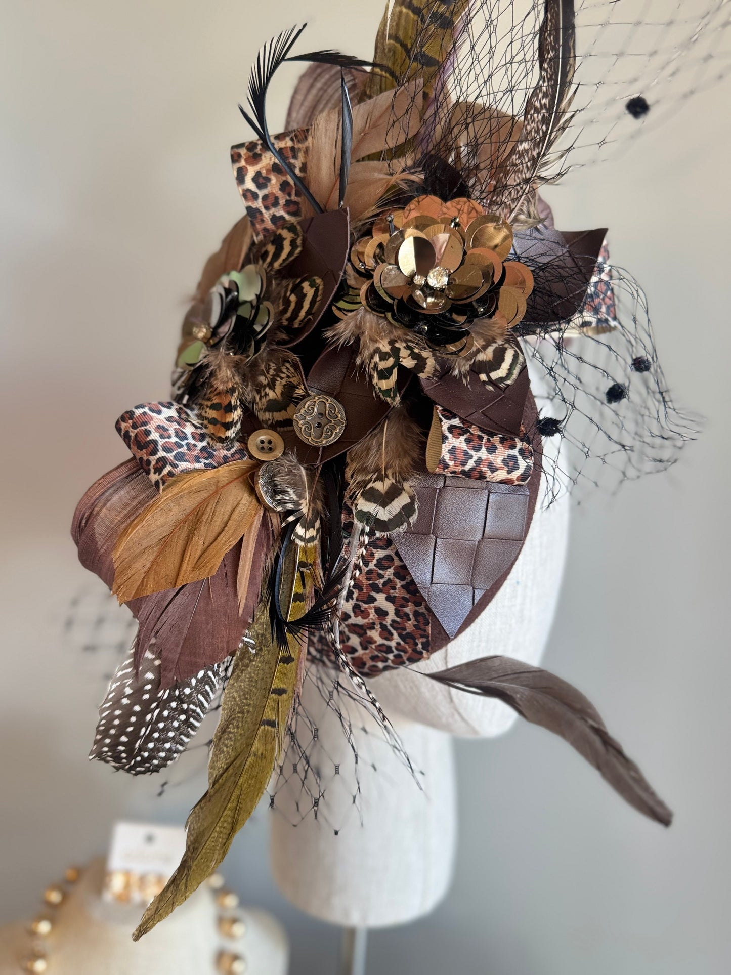 “Clemintine” chocolate leopard statement felt/wool pillbox