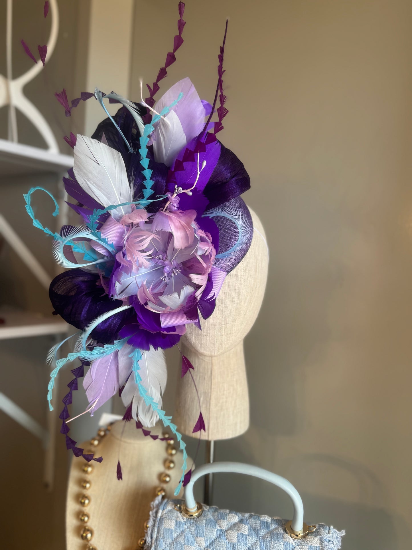 “Megan” purple,blue & turquoise feather floral statement
