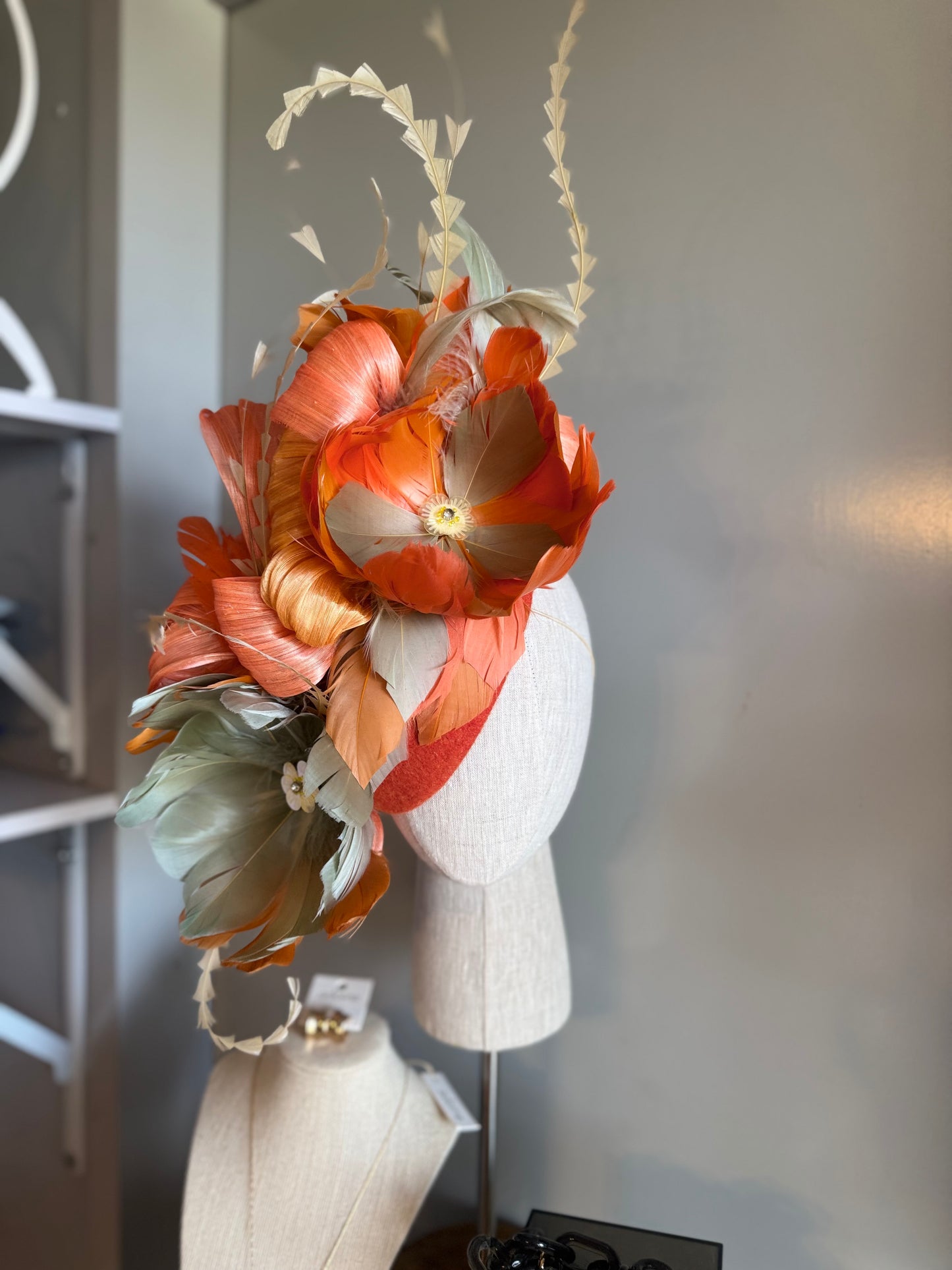 “August” orange,coral and moss feather statement