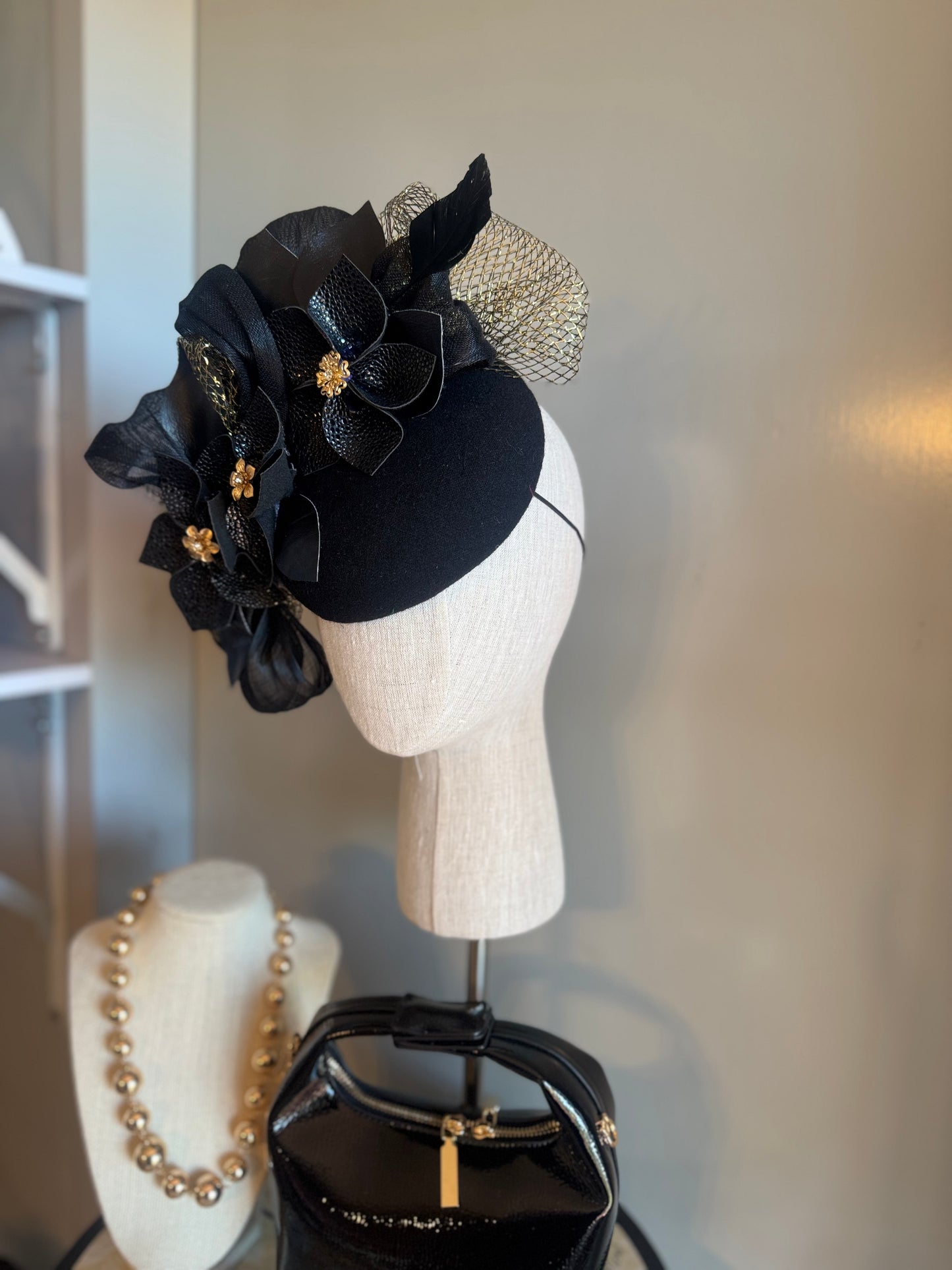 “Xanthe” black & gold pillbox