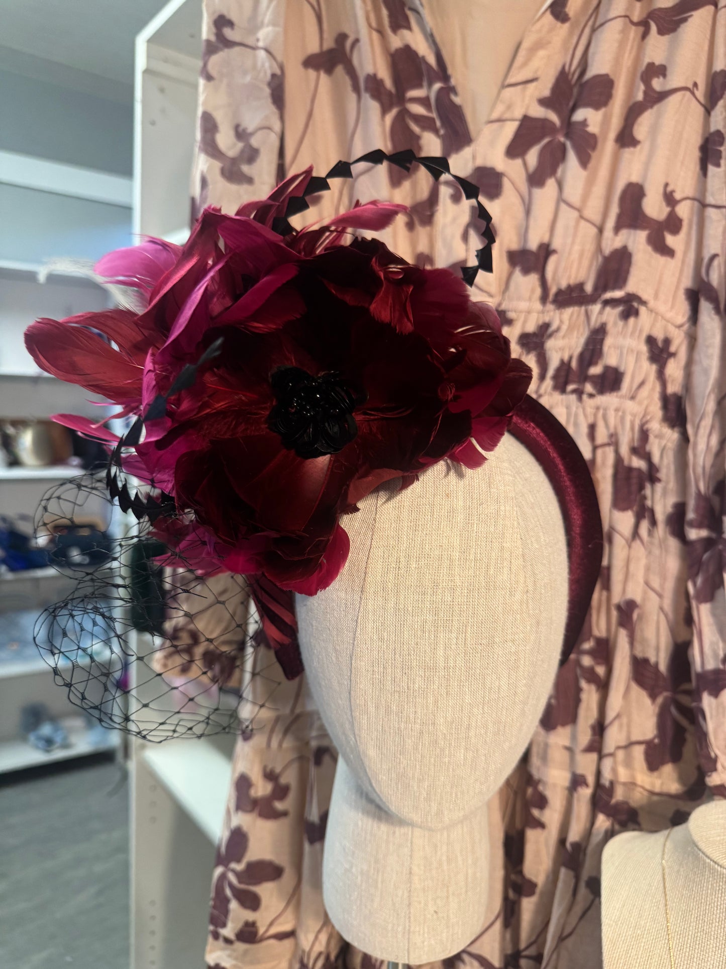 “Morgan” burgundy magenta feather fascinator