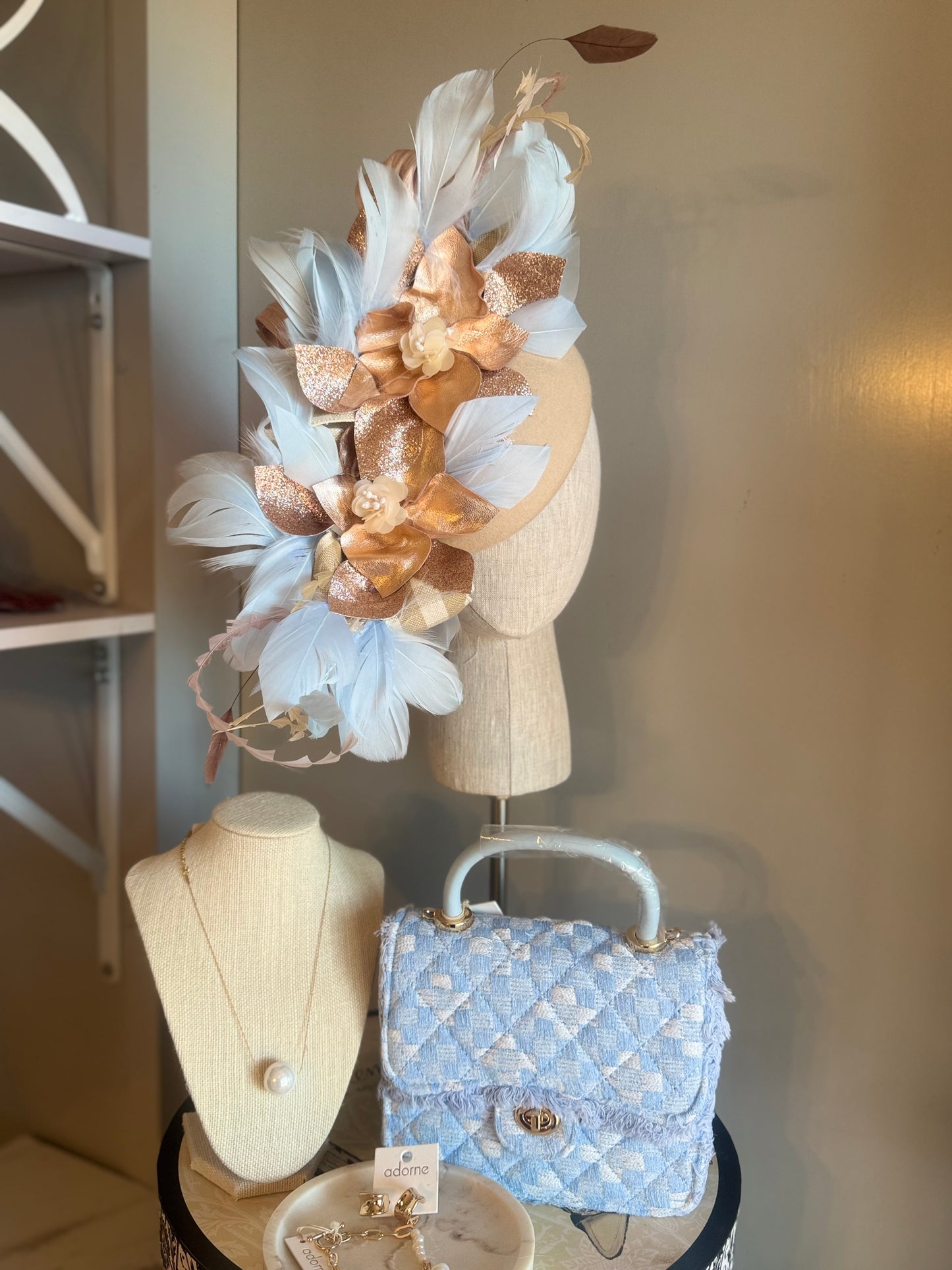 “Ally” beige,rose gold & soft blue pillbox