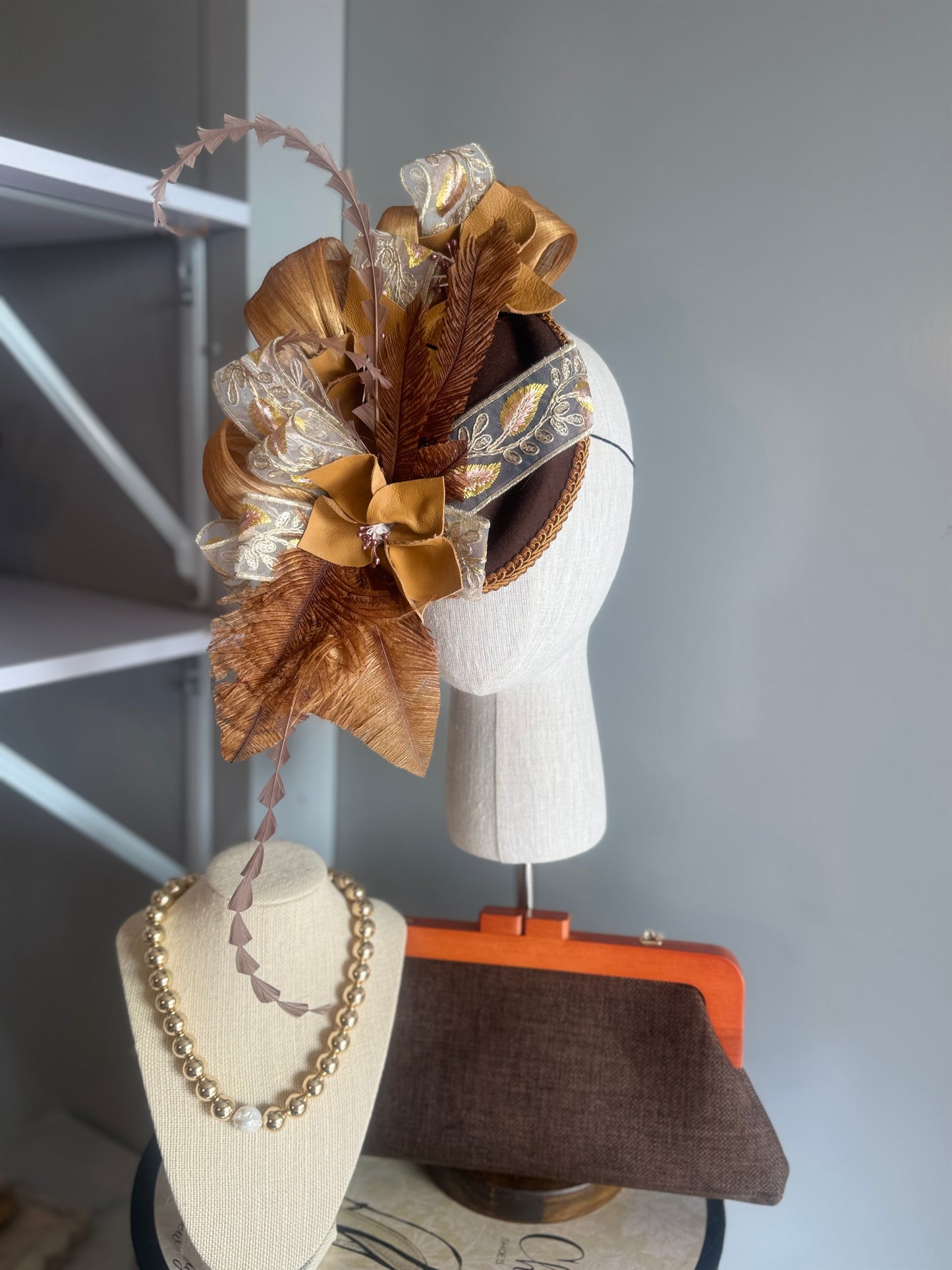 “Lainy” chocolate and mustard leather felt/wool pillbox